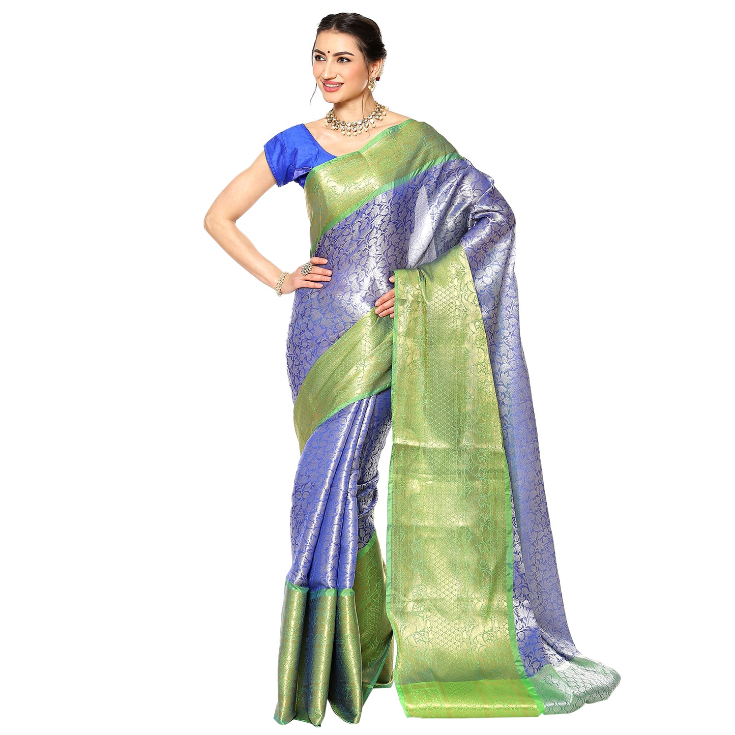 Faishana Presents Presents Navy Blue Zari Patola Contrast Zari Brocade Green Pattu Border Banarasi Saree.