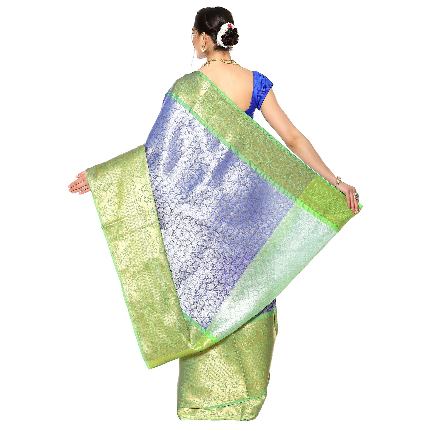 Faishana Presents Presents Navy Blue Zari Patola Contrast Zari Brocade Green Pattu Border Banarasi Saree.