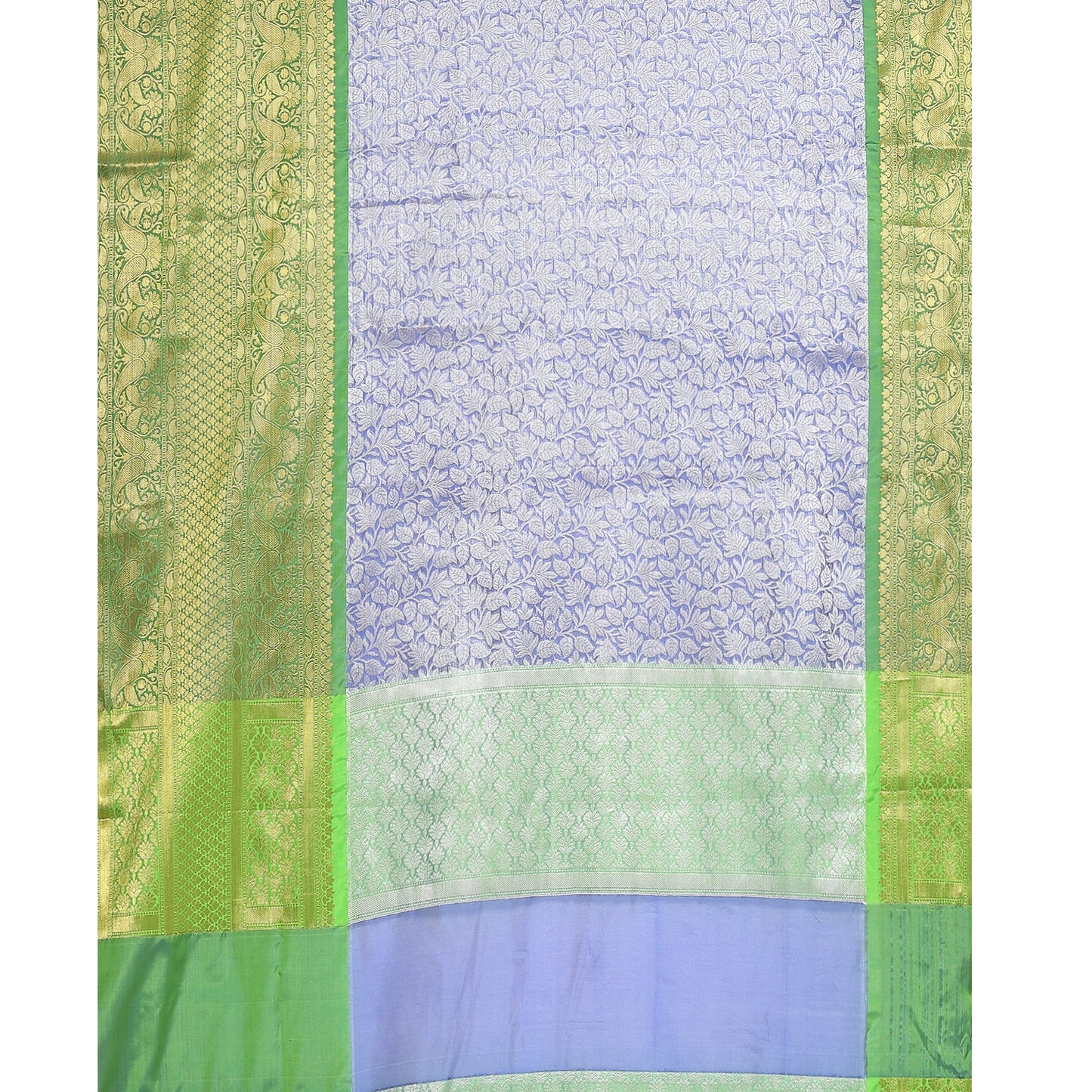 Faishana Presents Presents Navy Blue Zari Patola Contrast Zari Brocade Green Pattu Border Banarasi Saree.