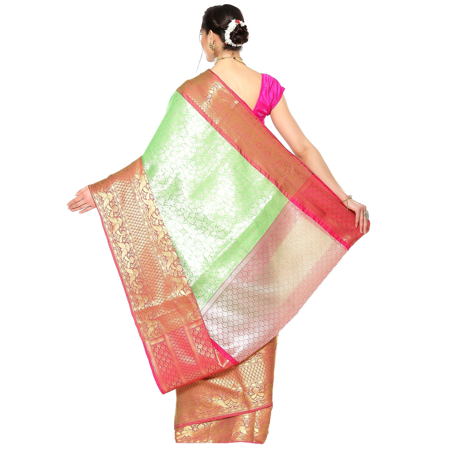 Faishana Presents Presents Green Kanchi Silk Zari Brocade Contrast Zari Brocade Red Pattu Border Banarasi Saree.