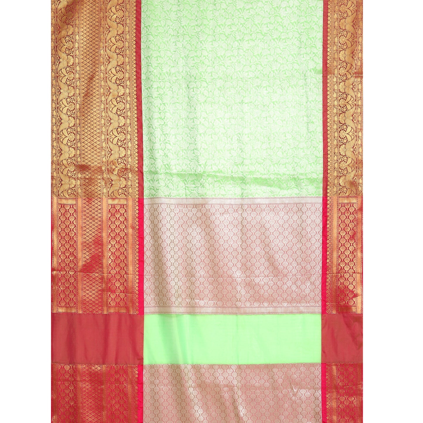 Faishana Presents Presents Green Kanchi Silk Zari Brocade Contrast Zari Brocade Red Pattu Border Banarasi Saree.