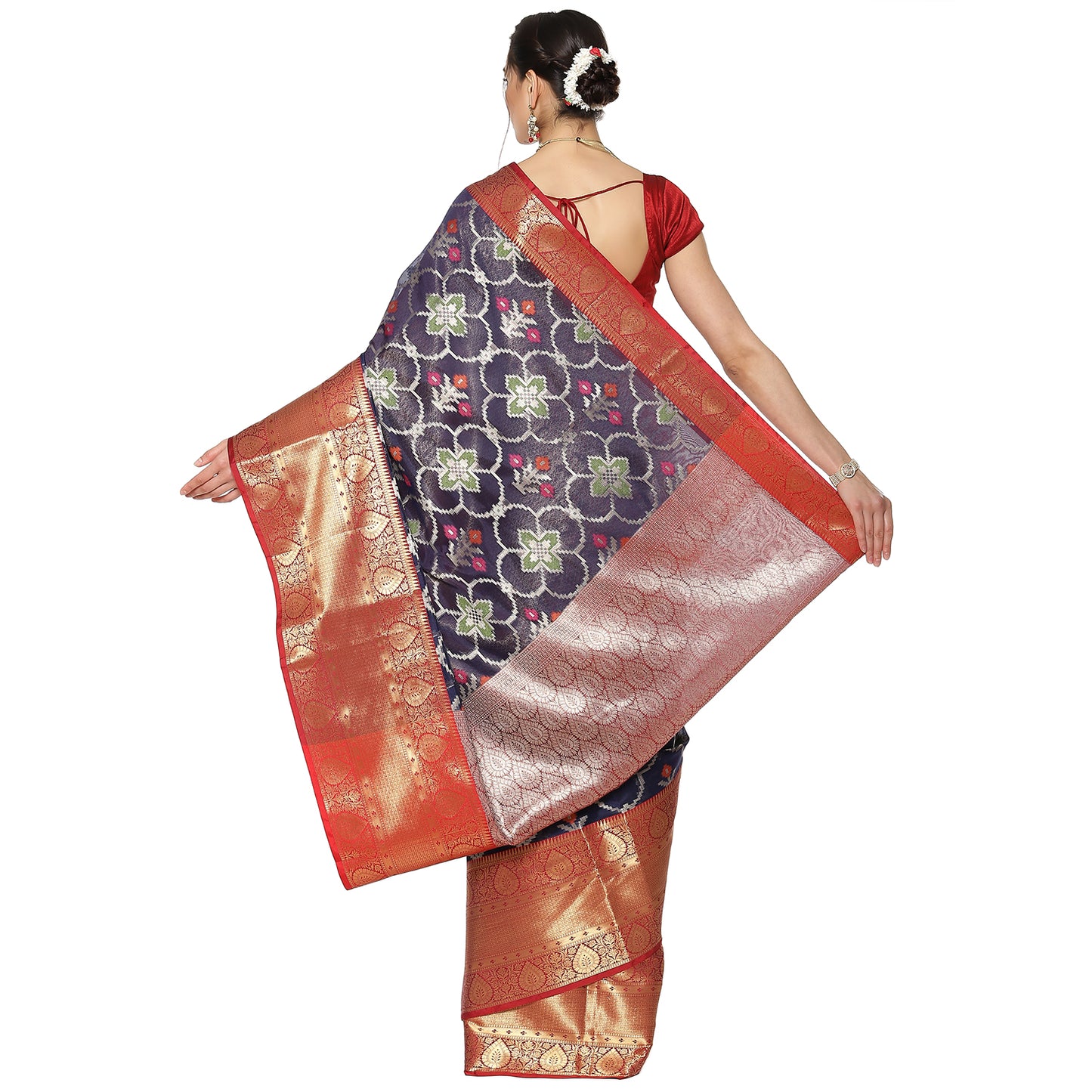 Faishana Presents Presents Navy Blue Zari Patola Contrast Zari Brocade Maroon Pattu Border Banarasi Saree.