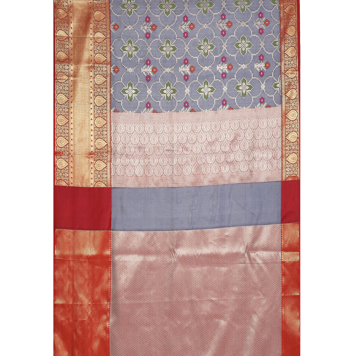 Faishana Presents Presents Navy Blue Zari Patola Contrast Zari Brocade Maroon Pattu Border Banarasi Saree.