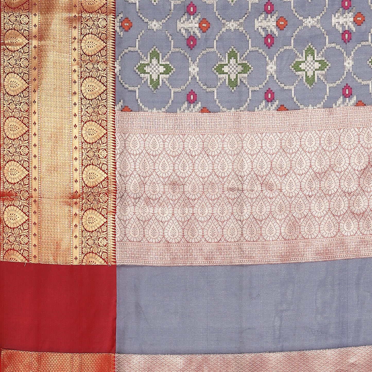 Faishana Presents Presents Navy Blue Zari Patola Contrast Zari Brocade Maroon Pattu Border Banarasi Saree.