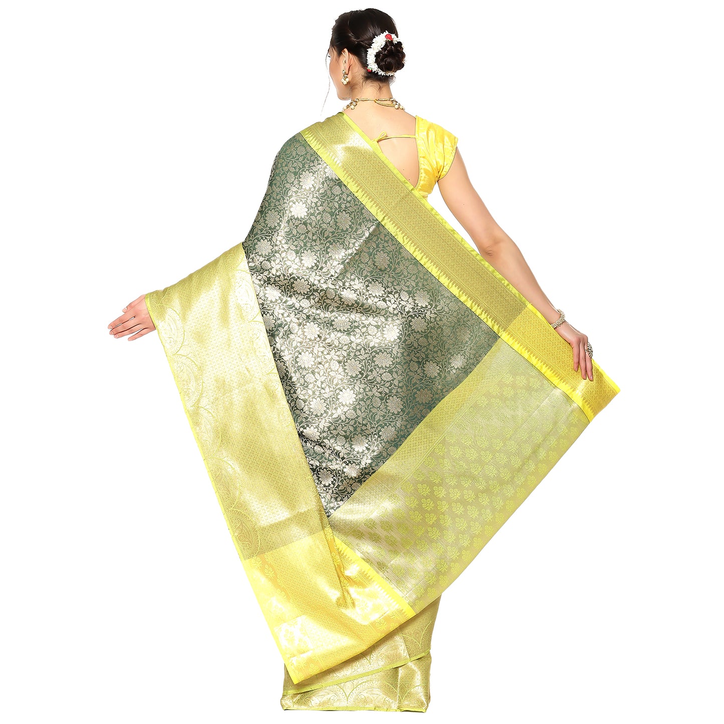 Faishana Presents Bottle Green Zari Patan Patola Contrast Zari Brocade Yellow Pattu Border Banarasi Saree