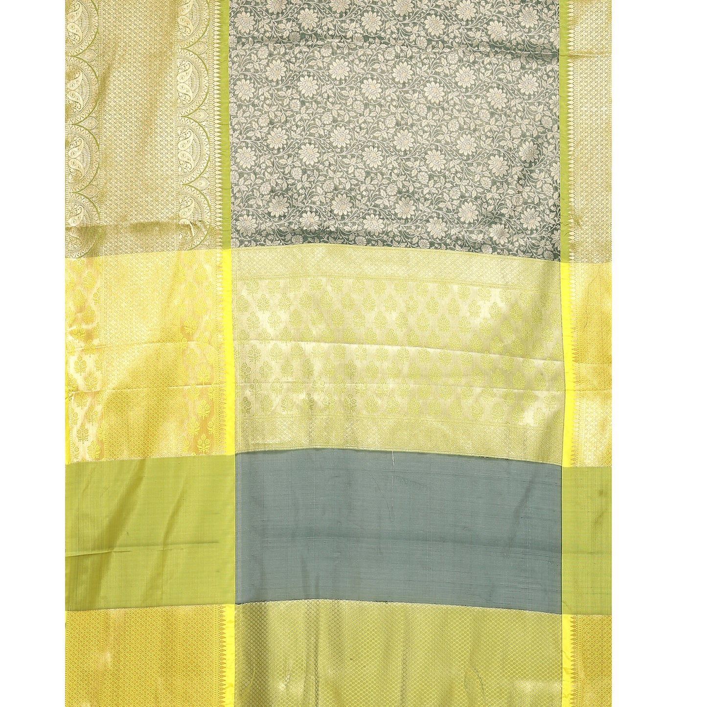 Faishana Presents Bottle Green Zari Patan Patola Contrast Zari Brocade Yellow Pattu Border Banarasi Saree
