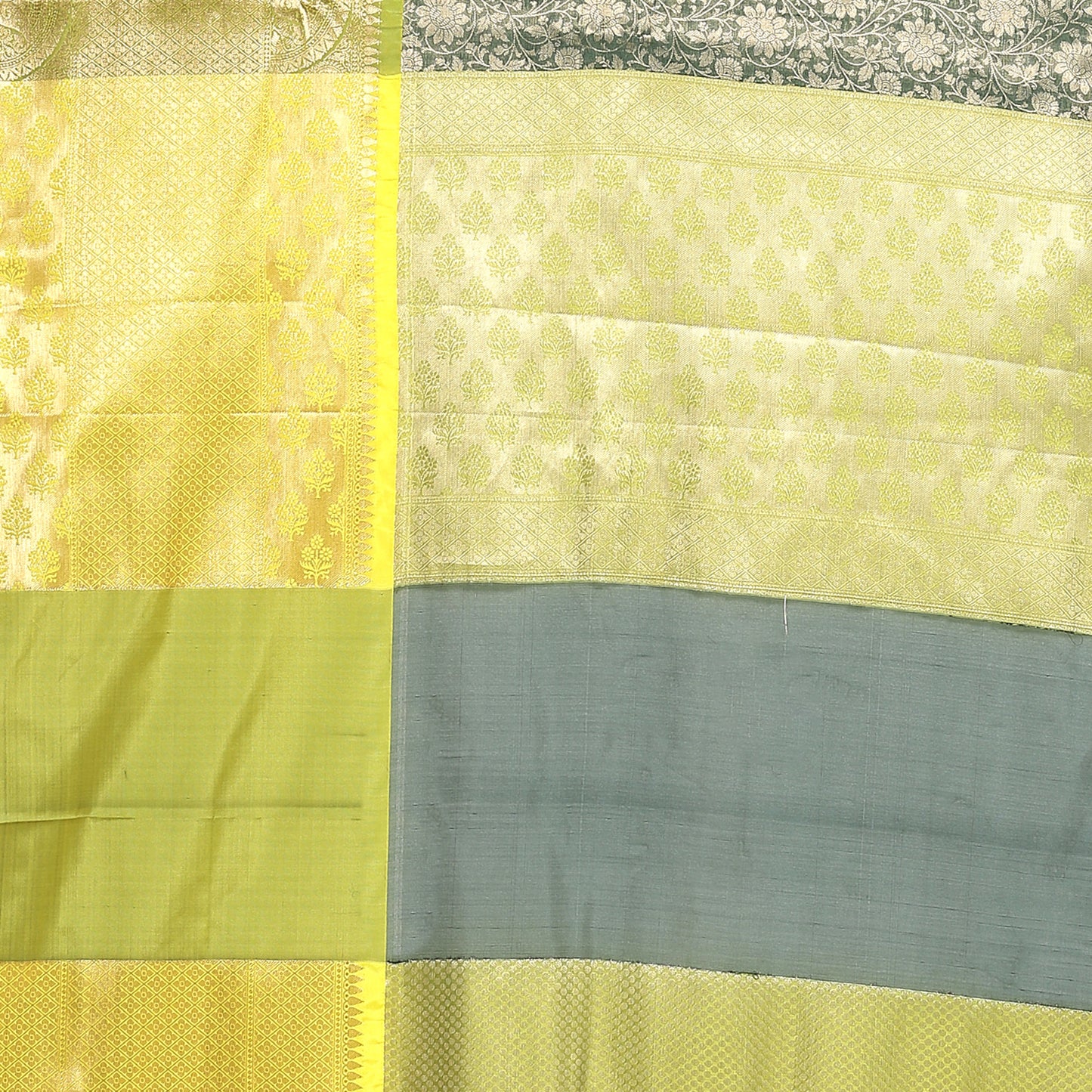 Faishana Presents Bottle Green Zari Patan Patola Contrast Zari Brocade Yellow Pattu Border Banarasi Saree