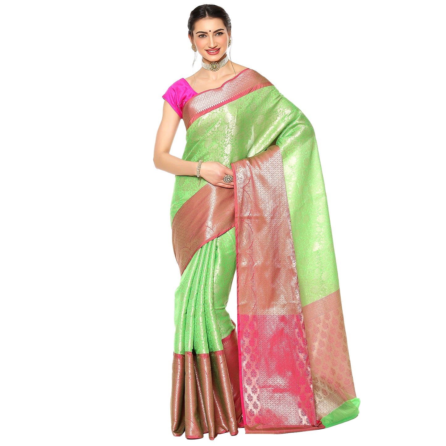 Faishana Presents Green Kanchi Silk Zari Brocade Contrast Zari Brocade Pink Pattu Border Banarasi Saree