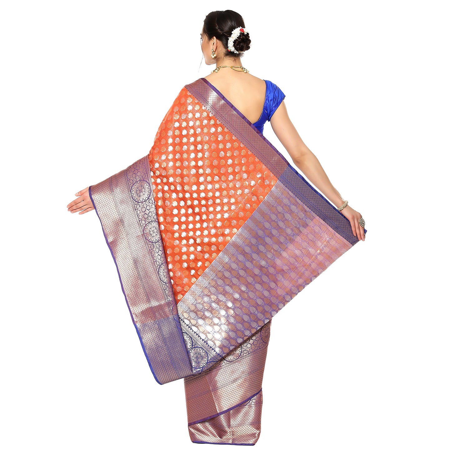 Faishana Presents Orange Silver Gold Zari Chunri Booti Contrast Blue Pattu Border Banarasi Saree