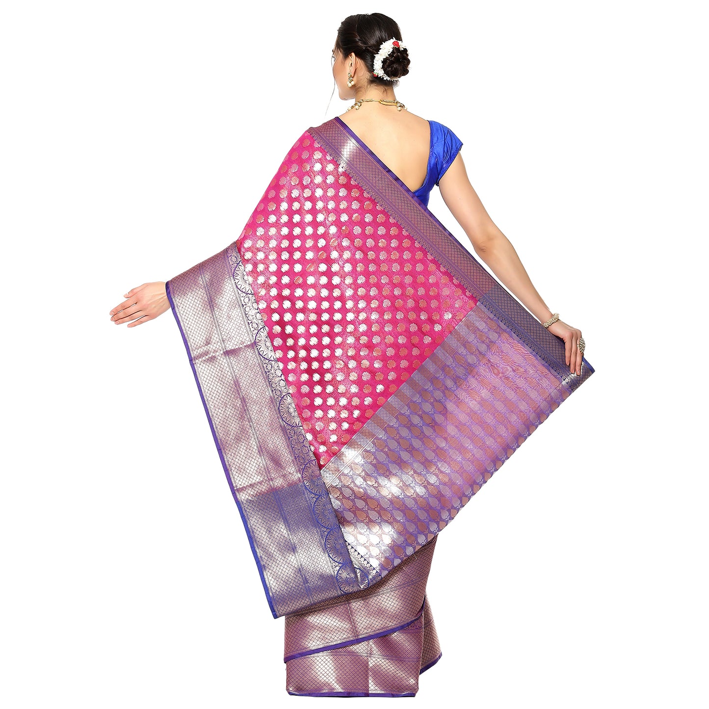 Faishana Presents Pink Silver Gold Zari Chunri Booti Contrast Blue Pattu Border Banarasi Saree