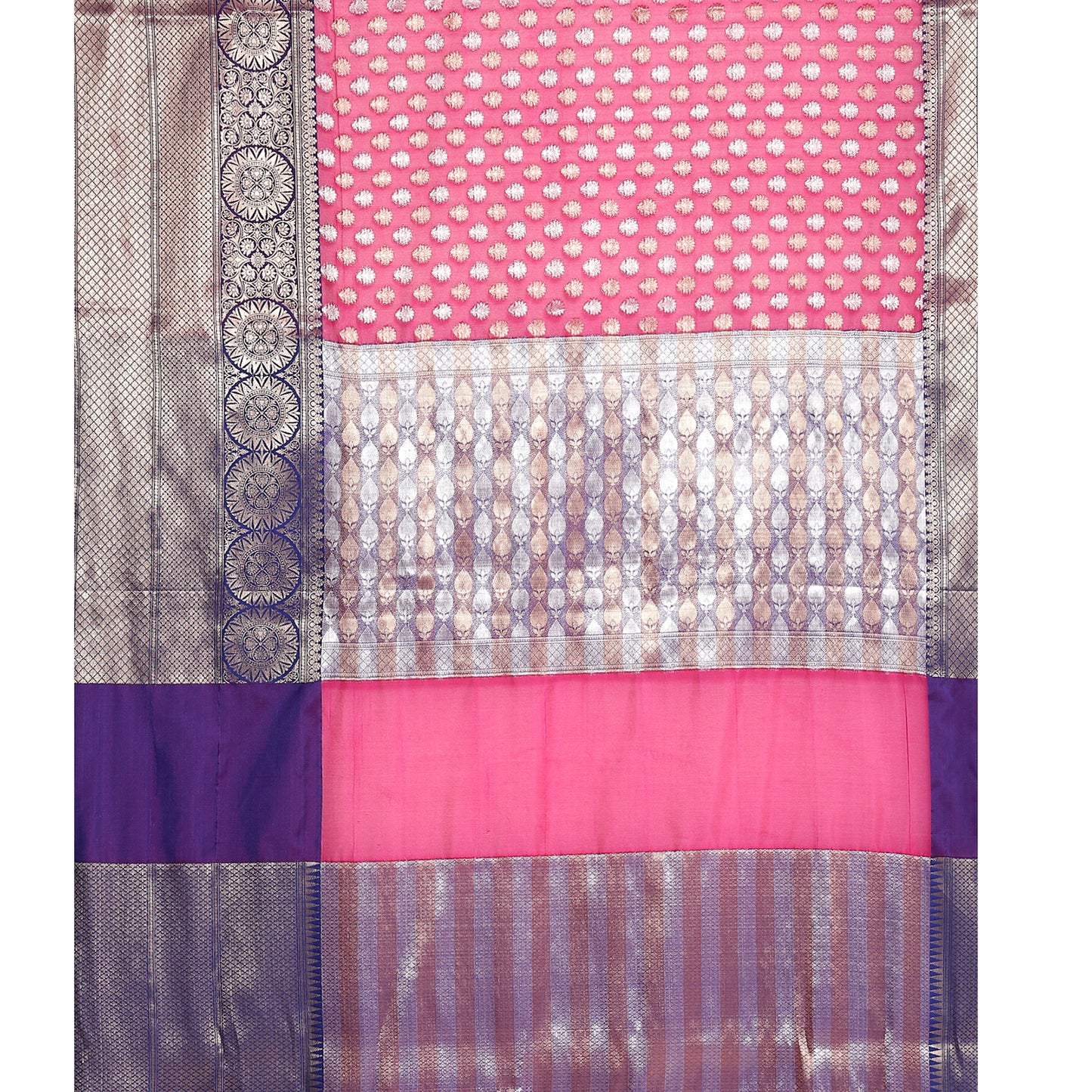 Faishana Presents Pink Silver Gold Zari Chunri Booti Contrast Blue Pattu Border Banarasi Saree
