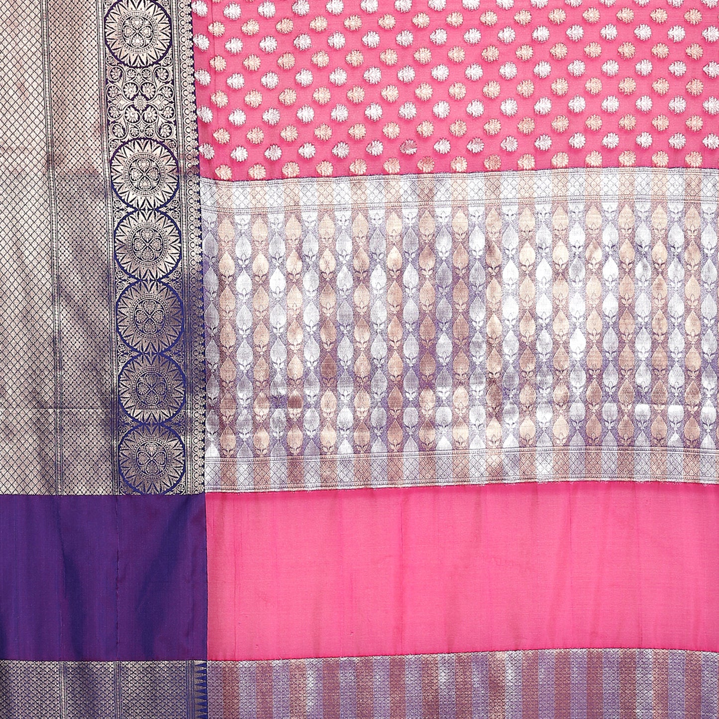 Faishana Presents Pink Silver Gold Zari Chunri Booti Contrast Blue Pattu Border Banarasi Saree