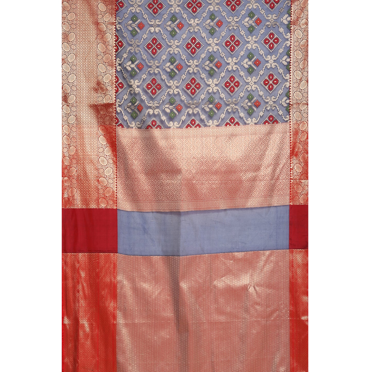 Faishana Presents Presents Navy Blue Zari Patola Contrast Zari Brocade Maroon Pattu Border Banarasi Saree