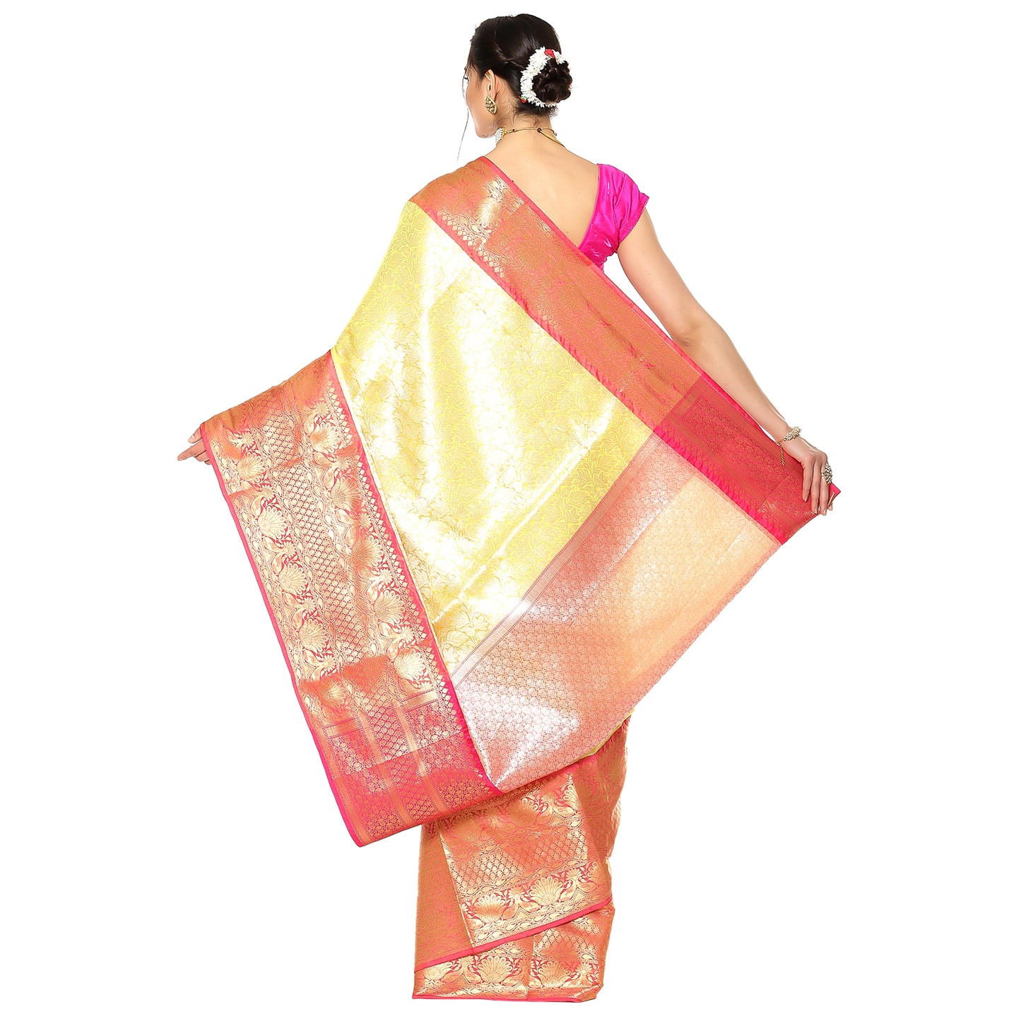 Faishana Presents Presents Yellow Kanchi Silk Zari Brocade Contrast Zari Brocade Strawberry Pattu Border Banarasi Saree.
