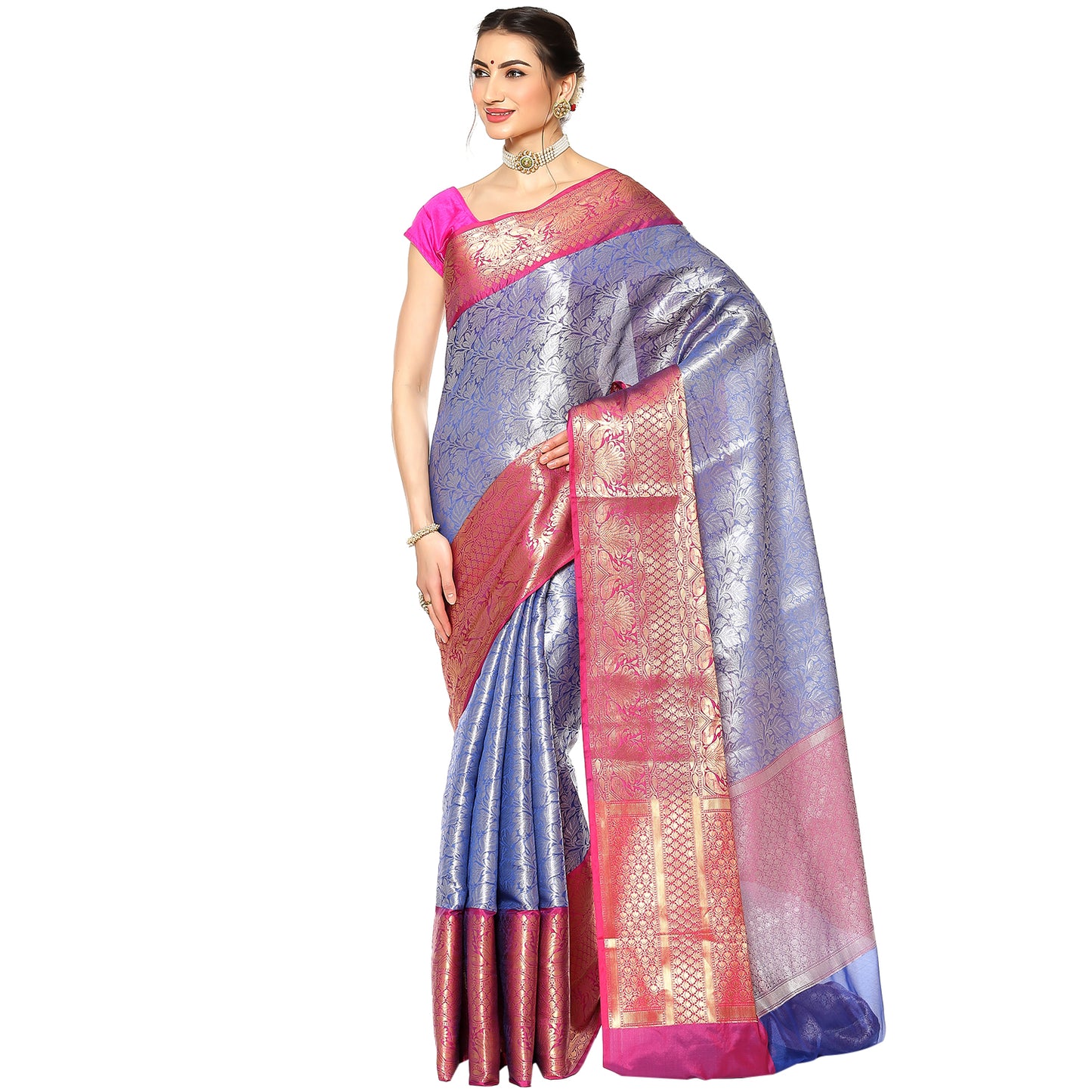 Faishana Presents Presents Blue Kanchi Silk Zari Brocade Contrast Zari Brocade Magenta Pattu Border Banarasi Saree.