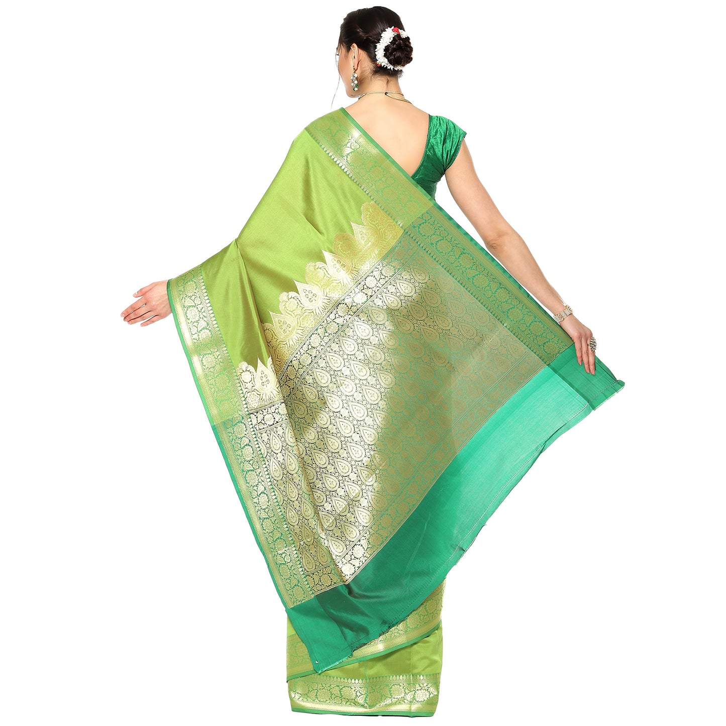 Faishana Presents Green Katan Silk Plain Zari Anchal With Contrast Green Zari Border Banarasi Saree
