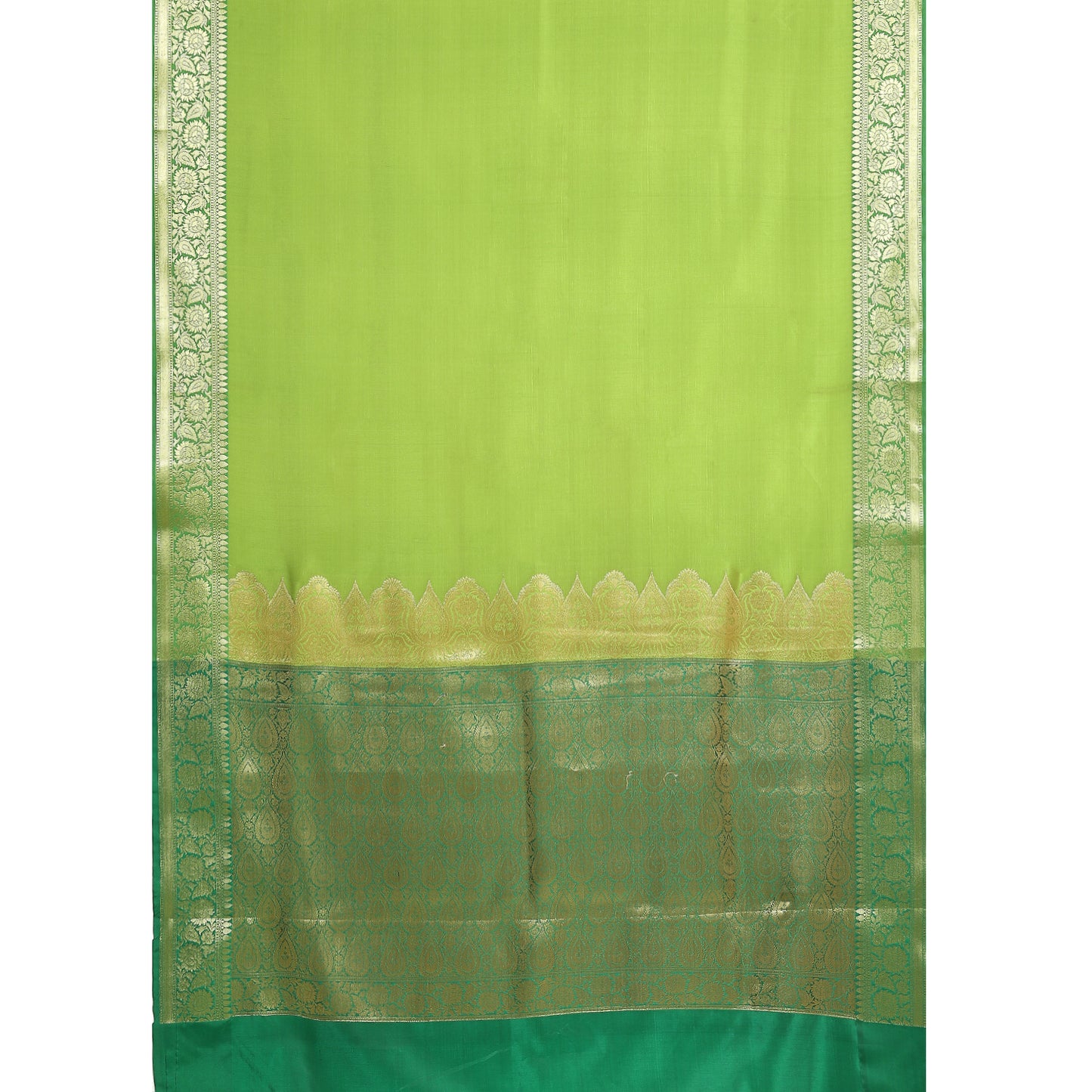 Faishana Presents Green Katan Silk Plain Zari Anchal With Contrast Green Zari Border Banarasi Saree