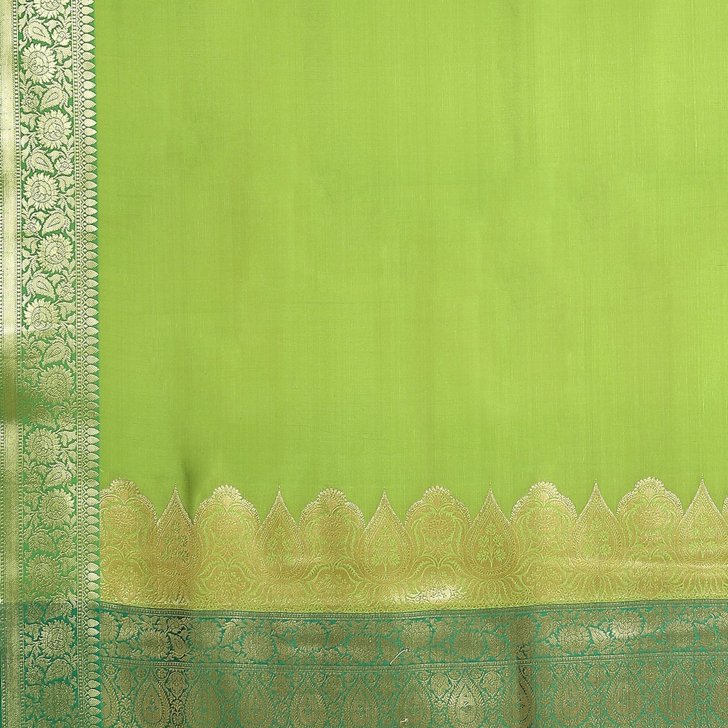 Faishana Presents Green Katan Silk Plain Zari Anchal With Contrast Green Zari Border Banarasi Saree