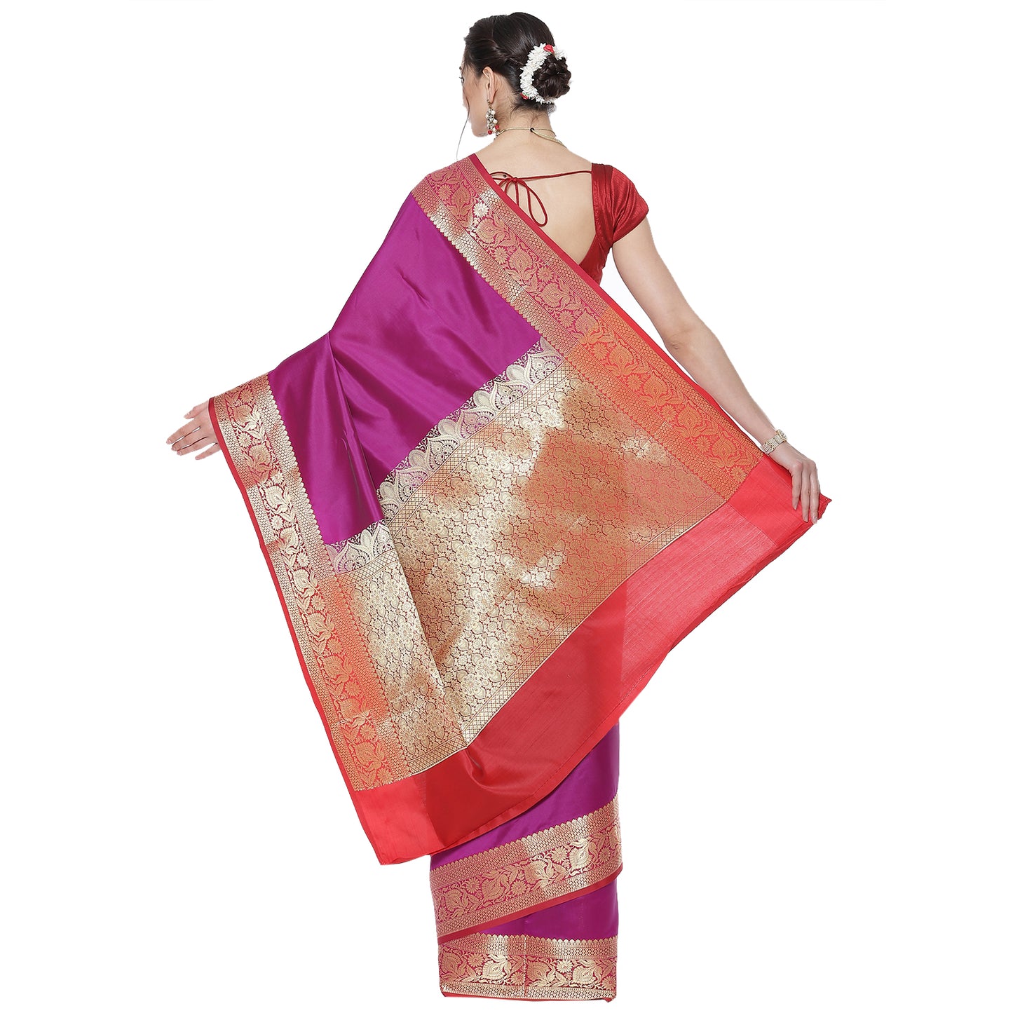 Faishana Presents Magenta Katan Silk Plain Zari Anchal With Contrast Red Zari Border Banarasi Saree