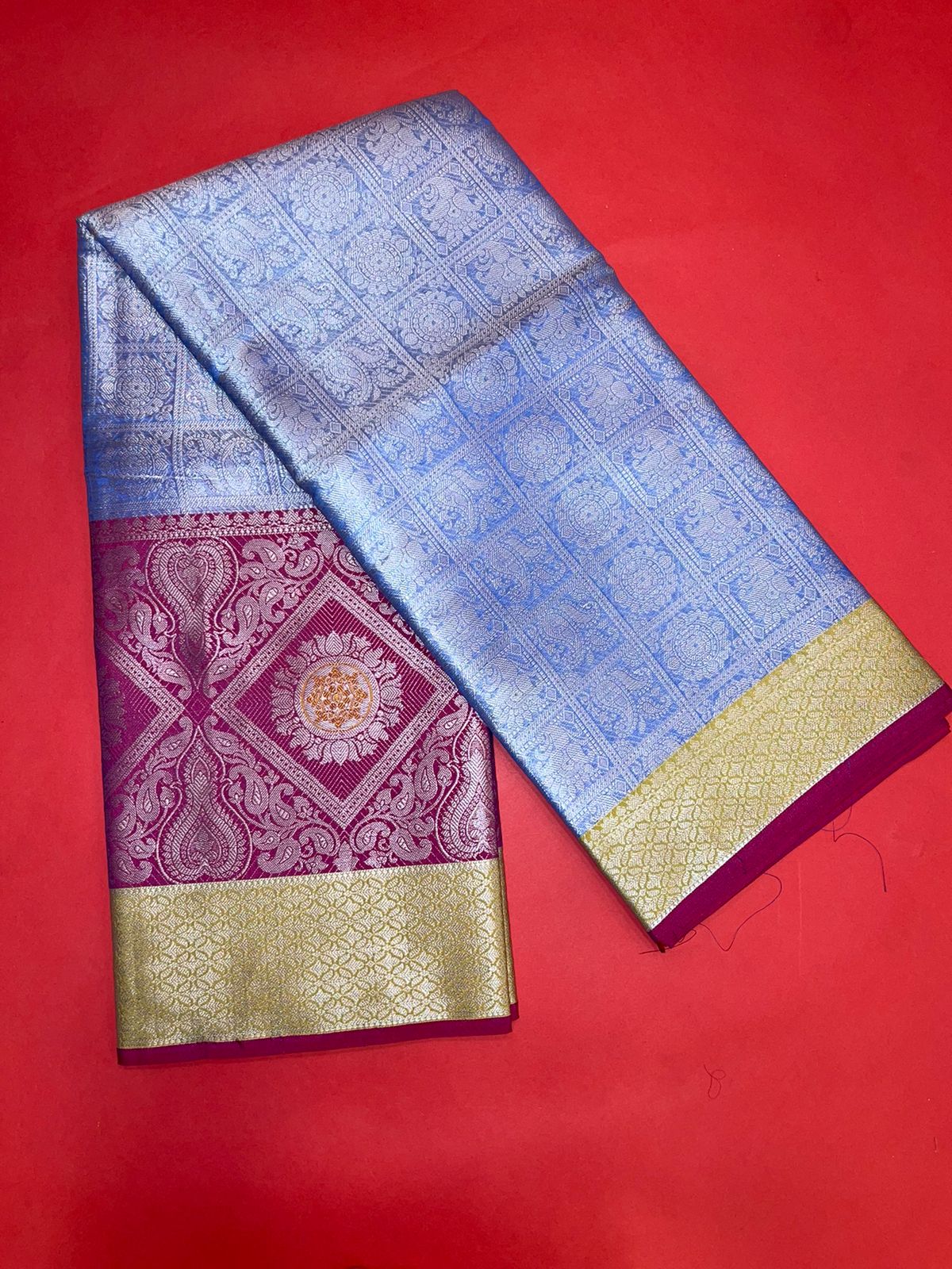 Faishana Presents Blue Silver Zari Kanchi Silk Tanchoi Brocade Contrast Pink Skirt Meena Border Banarasi Saree