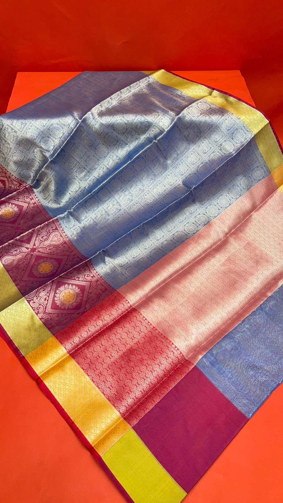 Faishana Presents Blue Silver Zari Kanchi Silk Tanchoi Brocade Contrast Pink Skirt Meena Border Banarasi Saree