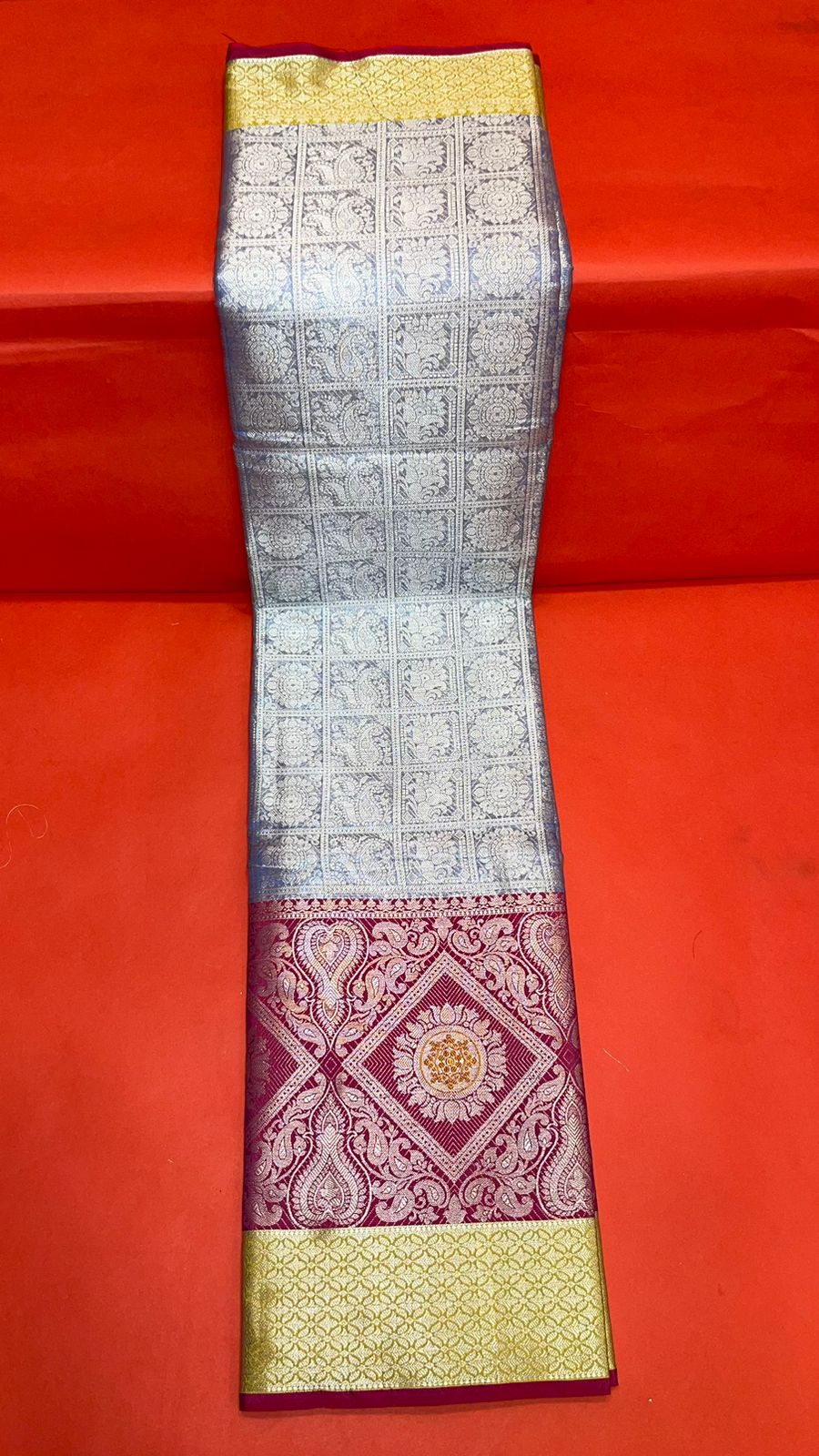 Faishana Presents Blue Silver Zari Kanchi Silk Tanchoi Brocade Contrast Pink Skirt Meena Border Banarasi Saree