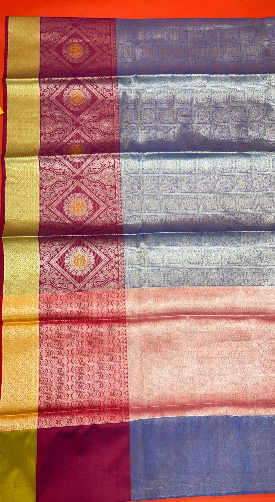 Faishana Presents Blue Silver Zari Kanchi Silk Tanchoi Brocade Contrast Pink Skirt Meena Border Banarasi Saree