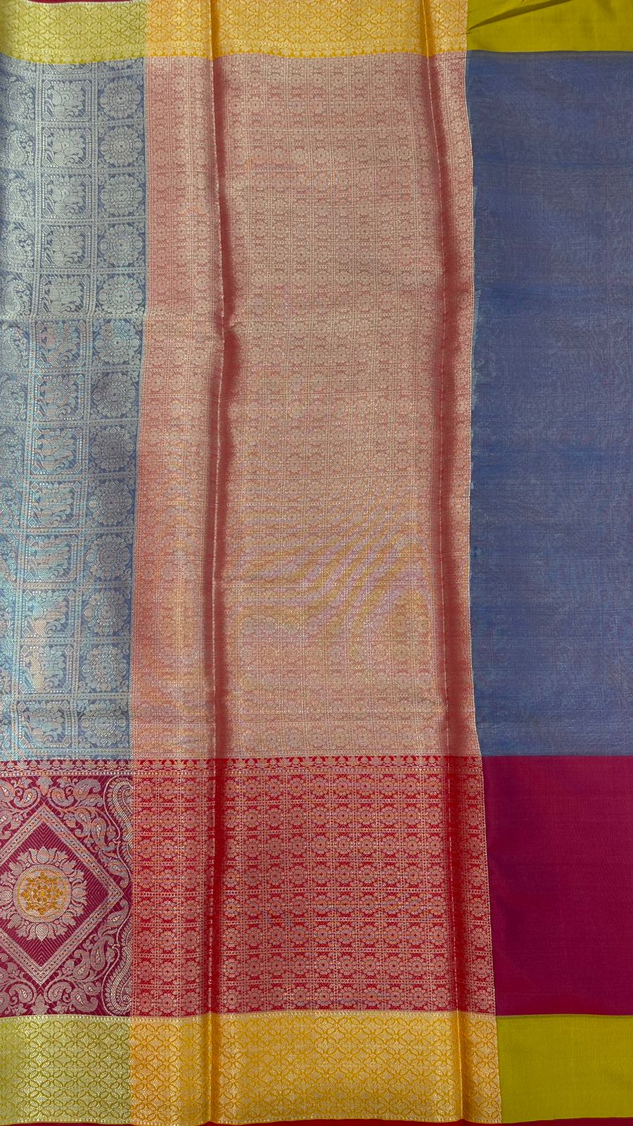 Faishana Presents Blue Silver Zari Kanchi Silk Tanchoi Brocade Contrast Pink Skirt Meena Border Banarasi Saree
