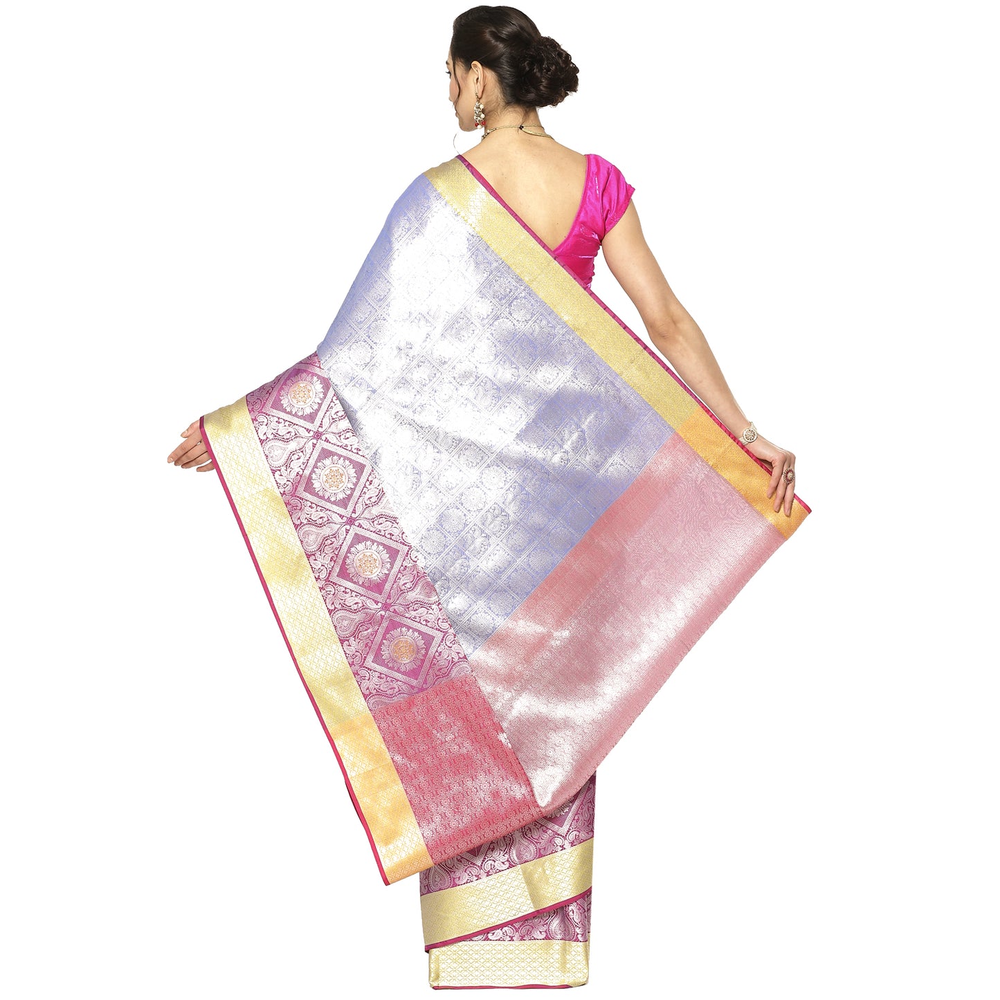 Faishana Presents Blue Silver Zari Kanchi Silk Tanchoi Brocade Contrast Pink Skirt Meena Border Banarasi Saree