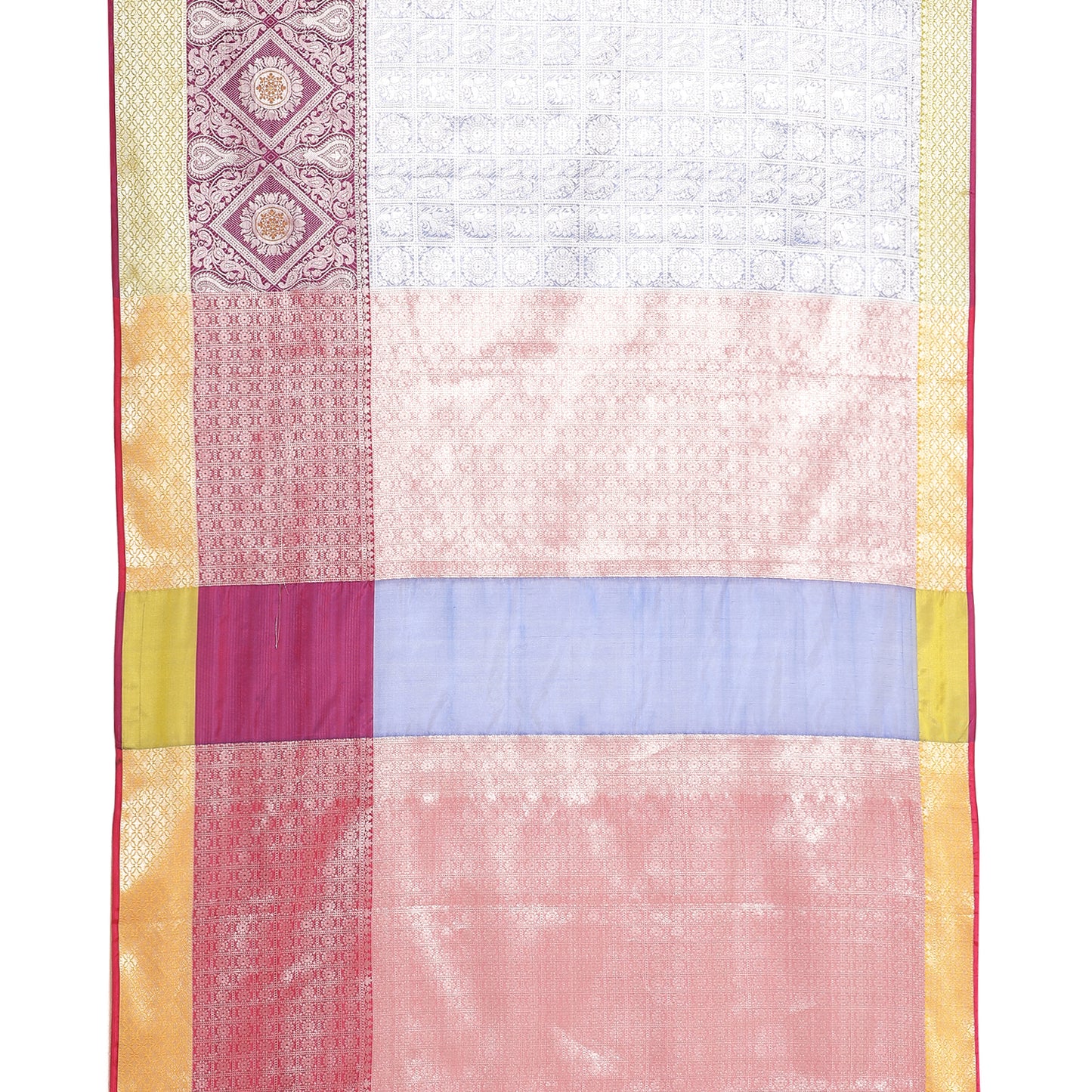 Faishana Presents Blue Silver Zari Kanchi Silk Tanchoi Brocade Contrast Pink Skirt Meena Border Banarasi Saree
