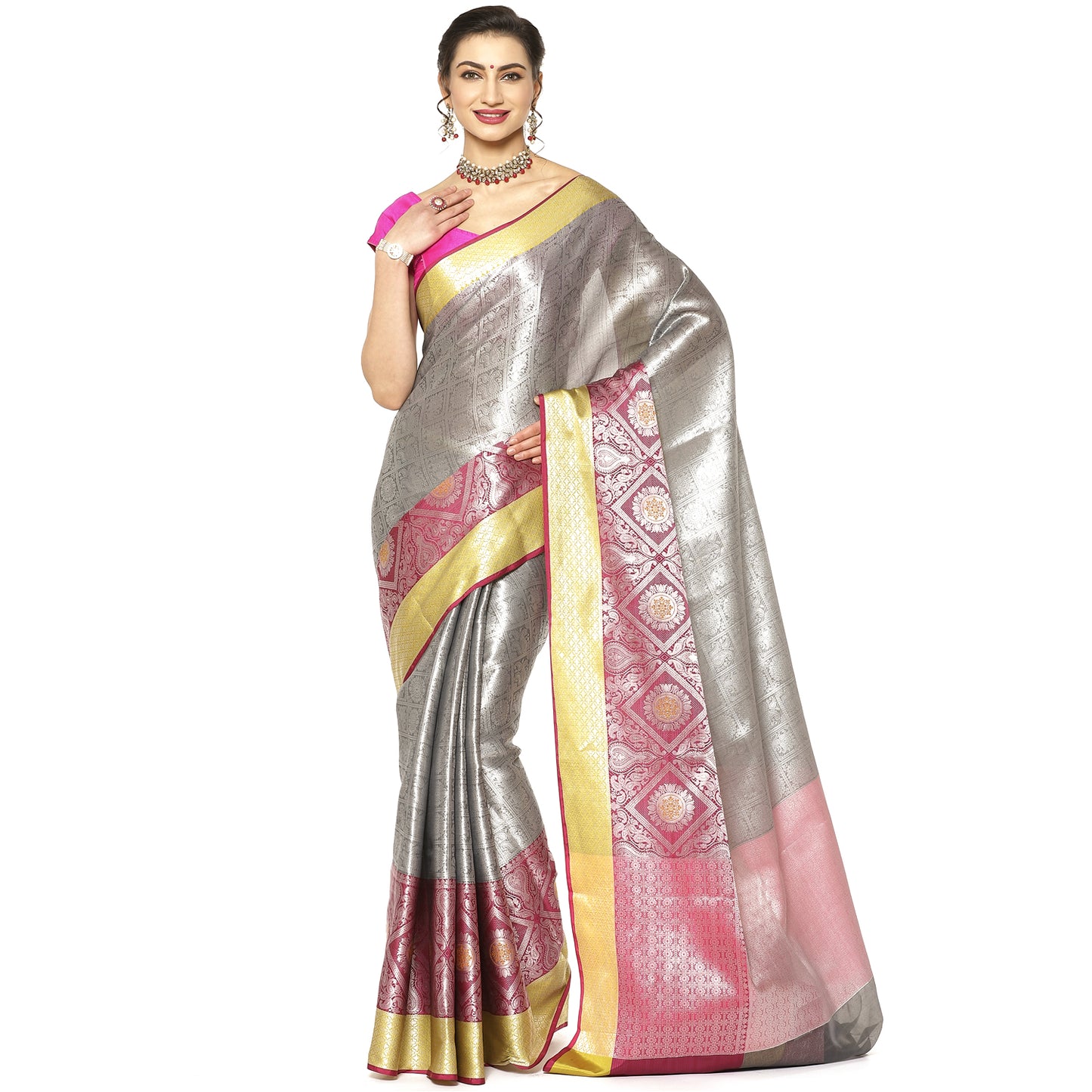 Faishana Presents Grey Silver Zari Kanchi Silk Tanchoi Brocade Contrast Pink Skirt Meena Border Banarasi Saree