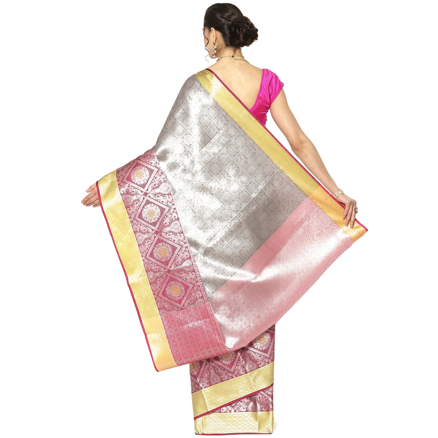 Faishana Presents Grey Silver Zari Kanchi Silk Tanchoi Brocade Contrast Pink Skirt Meena Border Banarasi Saree