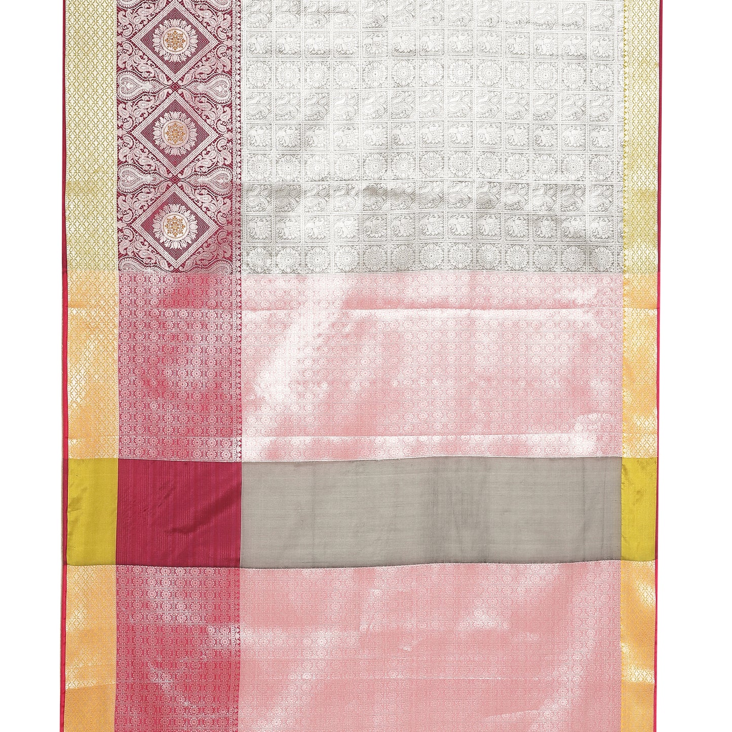Faishana Presents Grey Silver Zari Kanchi Silk Tanchoi Brocade Contrast Pink Skirt Meena Border Banarasi Saree