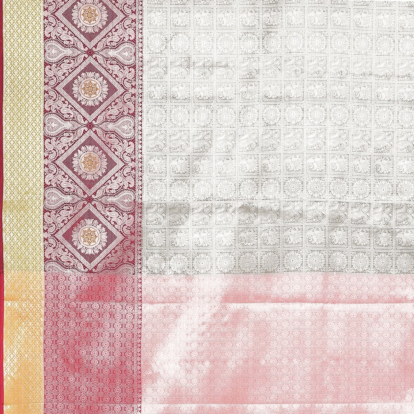 Faishana Presents Grey Silver Zari Kanchi Silk Tanchoi Brocade Contrast Pink Skirt Meena Border Banarasi Saree