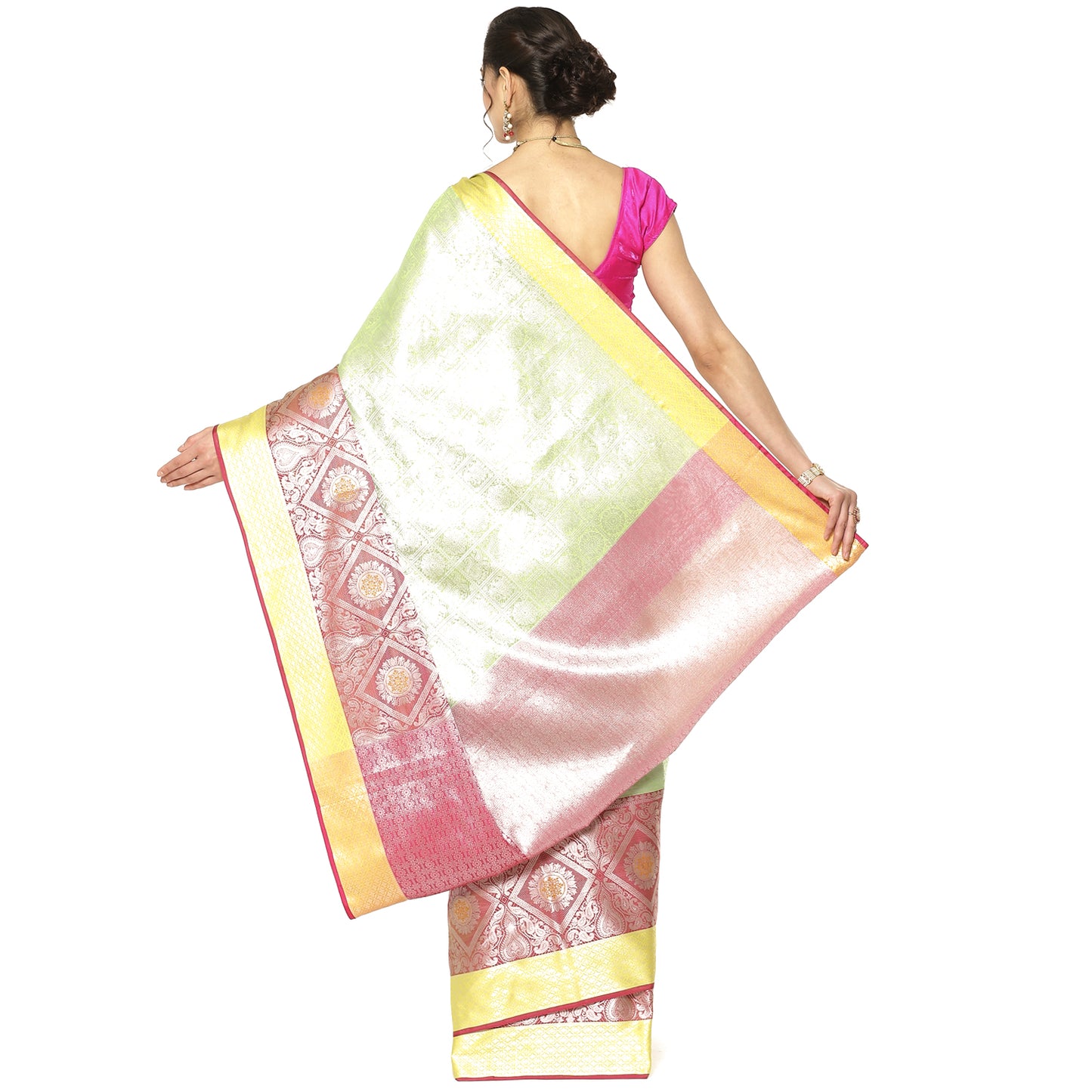 Faishana Presents Green Silver Zari Kanchi Silk Tanchoi Brocade Contrast Pink & Yellow Skirt Meena Border Banarasi Saree