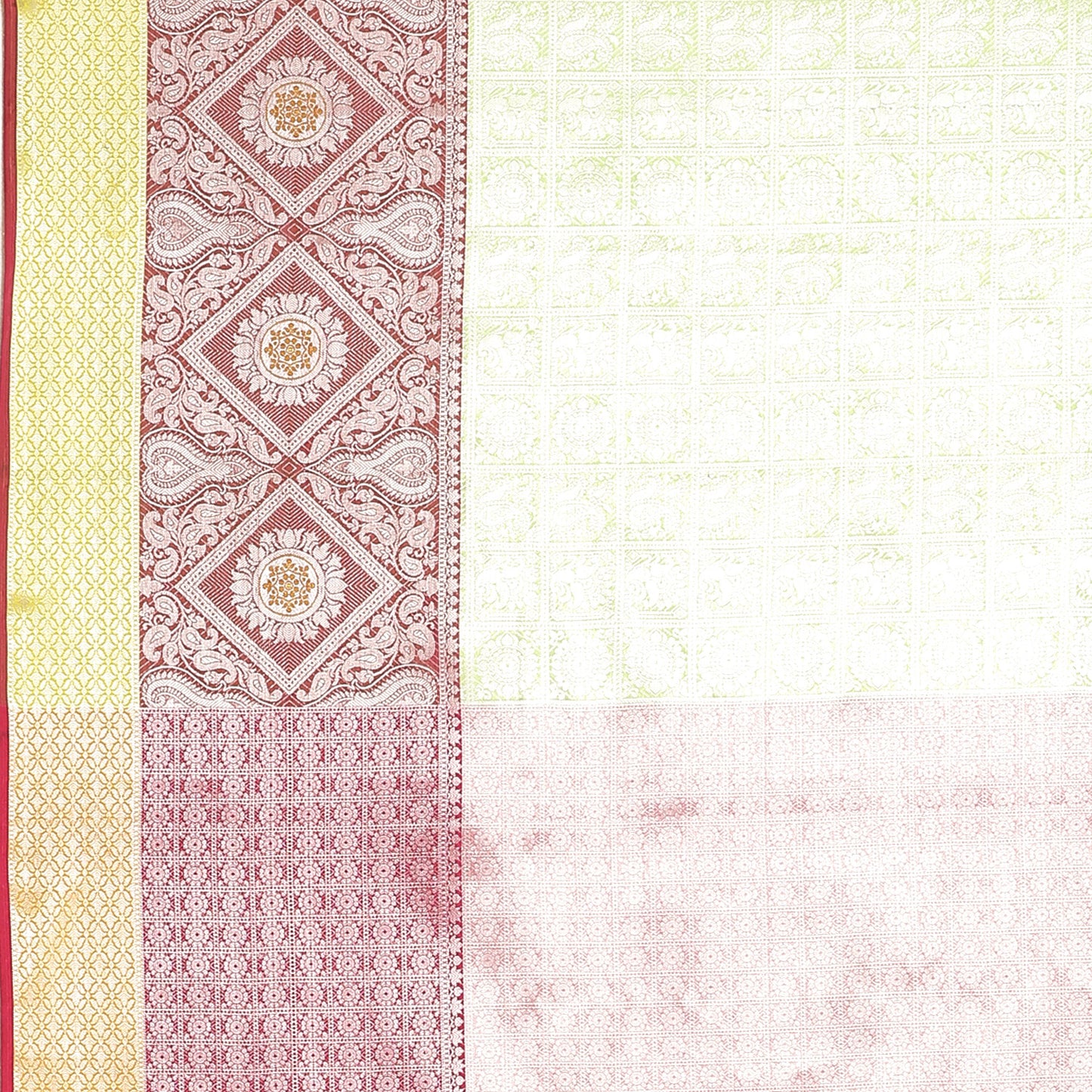 Faishana Presents Green Silver Zari Kanchi Silk Tanchoi Brocade Contrast Pink & Yellow Skirt Meena Border Banarasi Saree