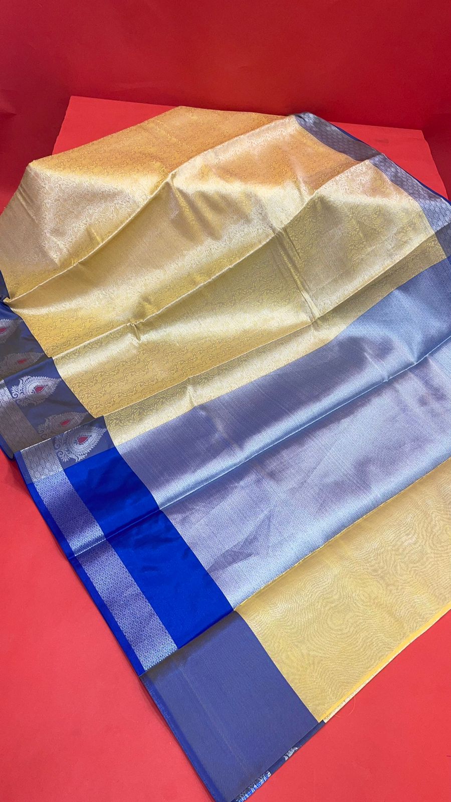 Faishana Presents Gold Silver Zari Kanchi Silk Tanchoi Brocade Contrast Blue Skirt Meena Border Banarasi Saree