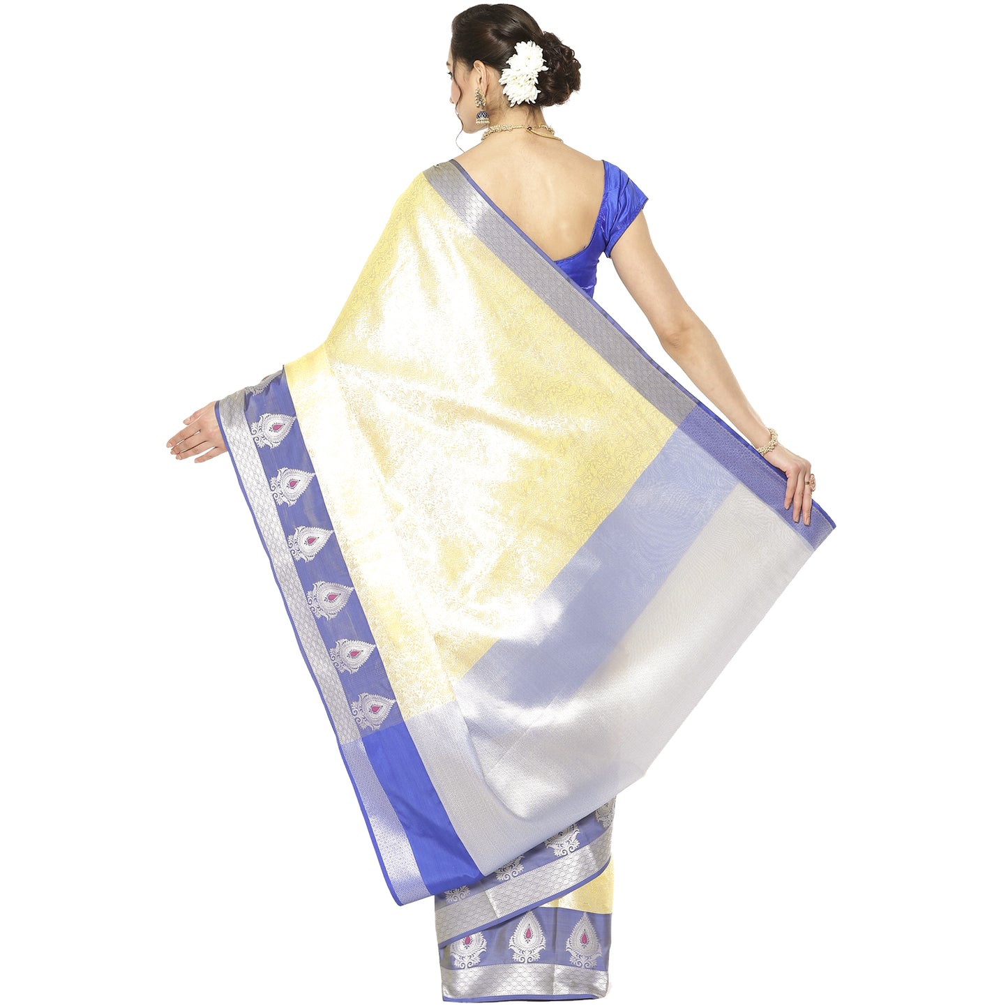 Faishana Presents Gold Silver Zari Kanchi Silk Tanchoi Brocade Contrast Blue Skirt Meena Border Banarasi Saree