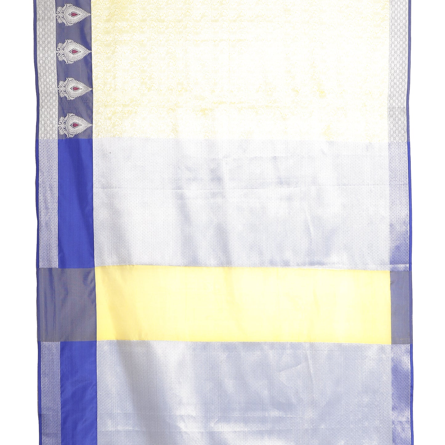 Faishana Presents Gold Silver Zari Kanchi Silk Tanchoi Brocade Contrast Blue Skirt Meena Border Banarasi Saree