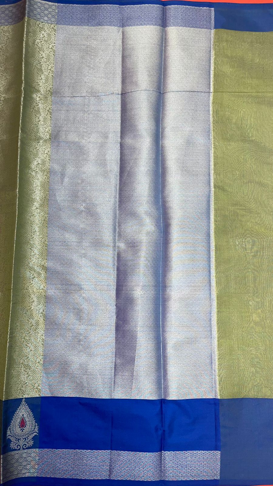 Faishana Presents Green Silver Zari Kanchi Silk Tanchoi Brocade Contrast Blue Skirt Meena Border Banarasi Saree