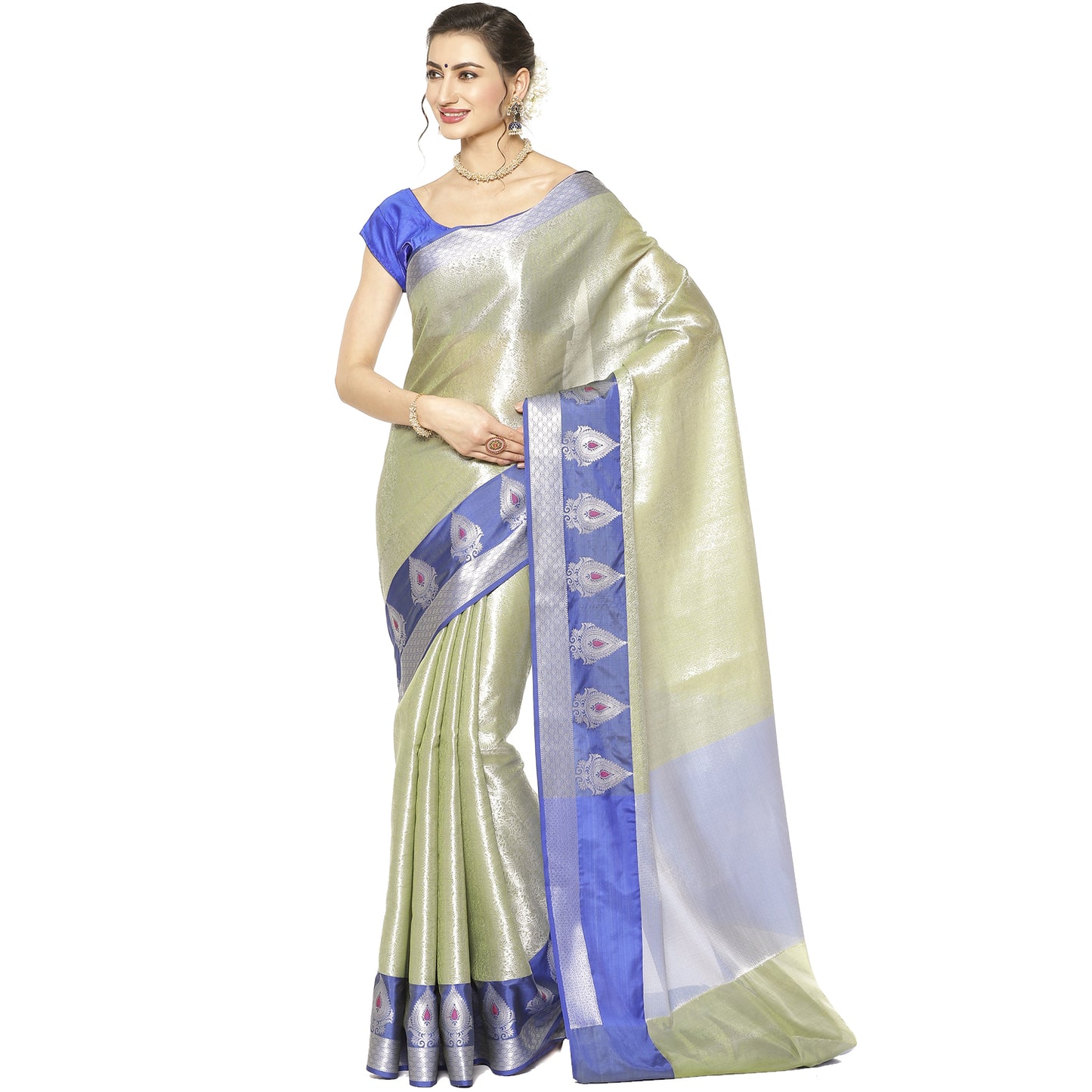 Faishana Presents Green Silver Zari Kanchi Silk Tanchoi Brocade Contrast Blue Skirt Meena Border Banarasi Saree