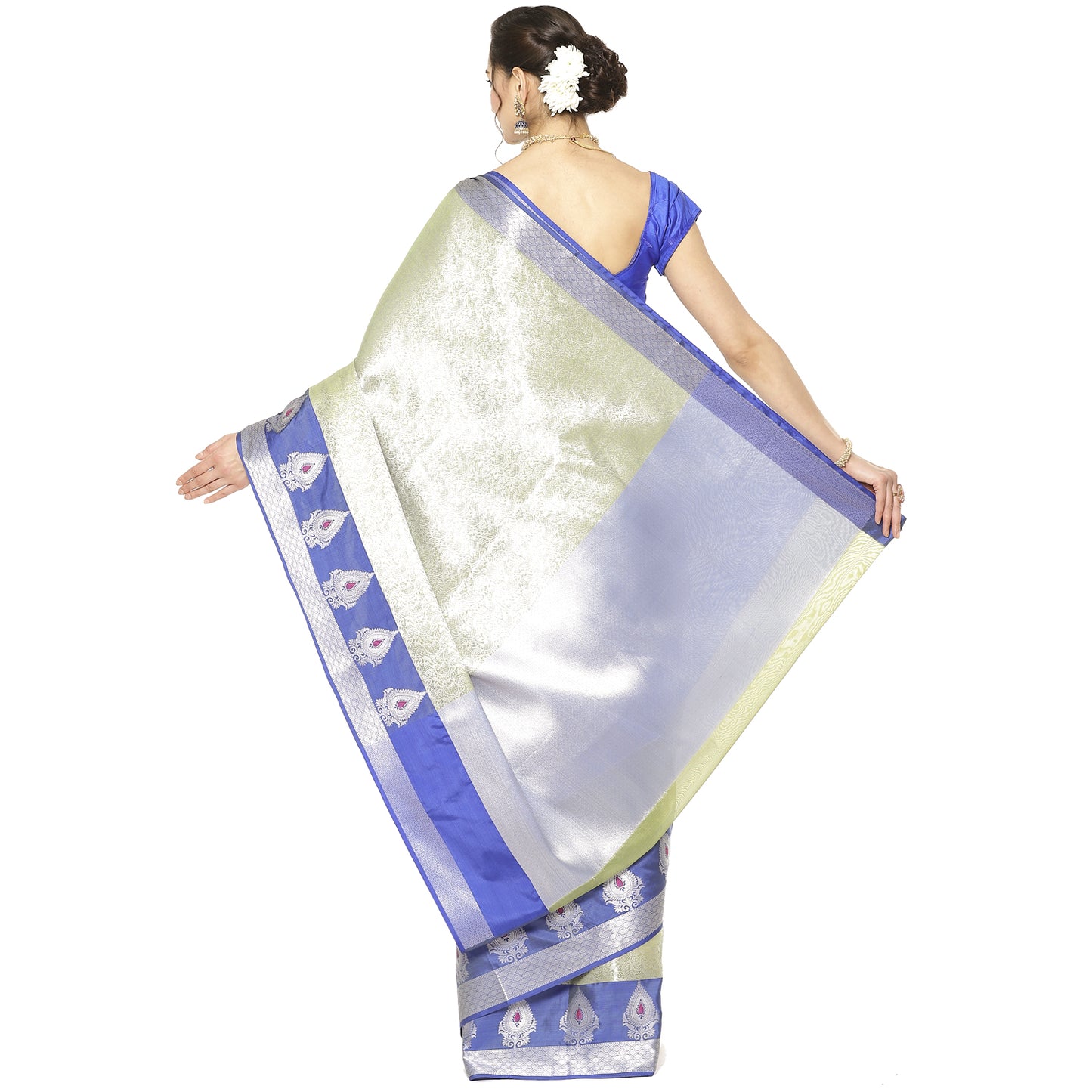 Faishana Presents Green Silver Zari Kanchi Silk Tanchoi Brocade Contrast Blue Skirt Meena Border Banarasi Saree