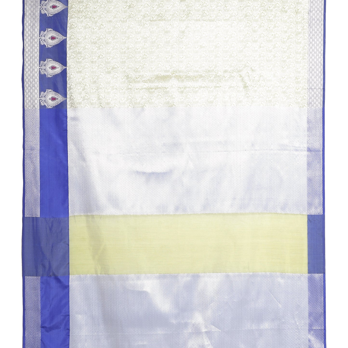 Faishana Presents Green Silver Zari Kanchi Silk Tanchoi Brocade Contrast Blue Skirt Meena Border Banarasi Saree