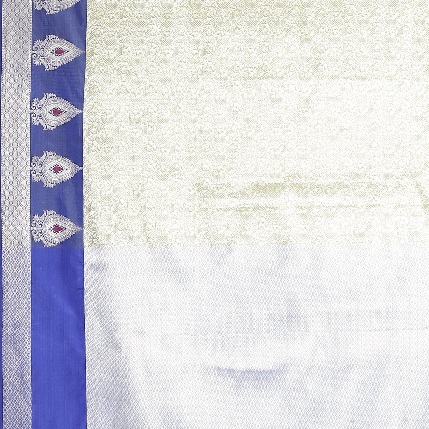 Faishana Presents Green Silver Zari Kanchi Silk Tanchoi Brocade Contrast Blue Skirt Meena Border Banarasi Saree
