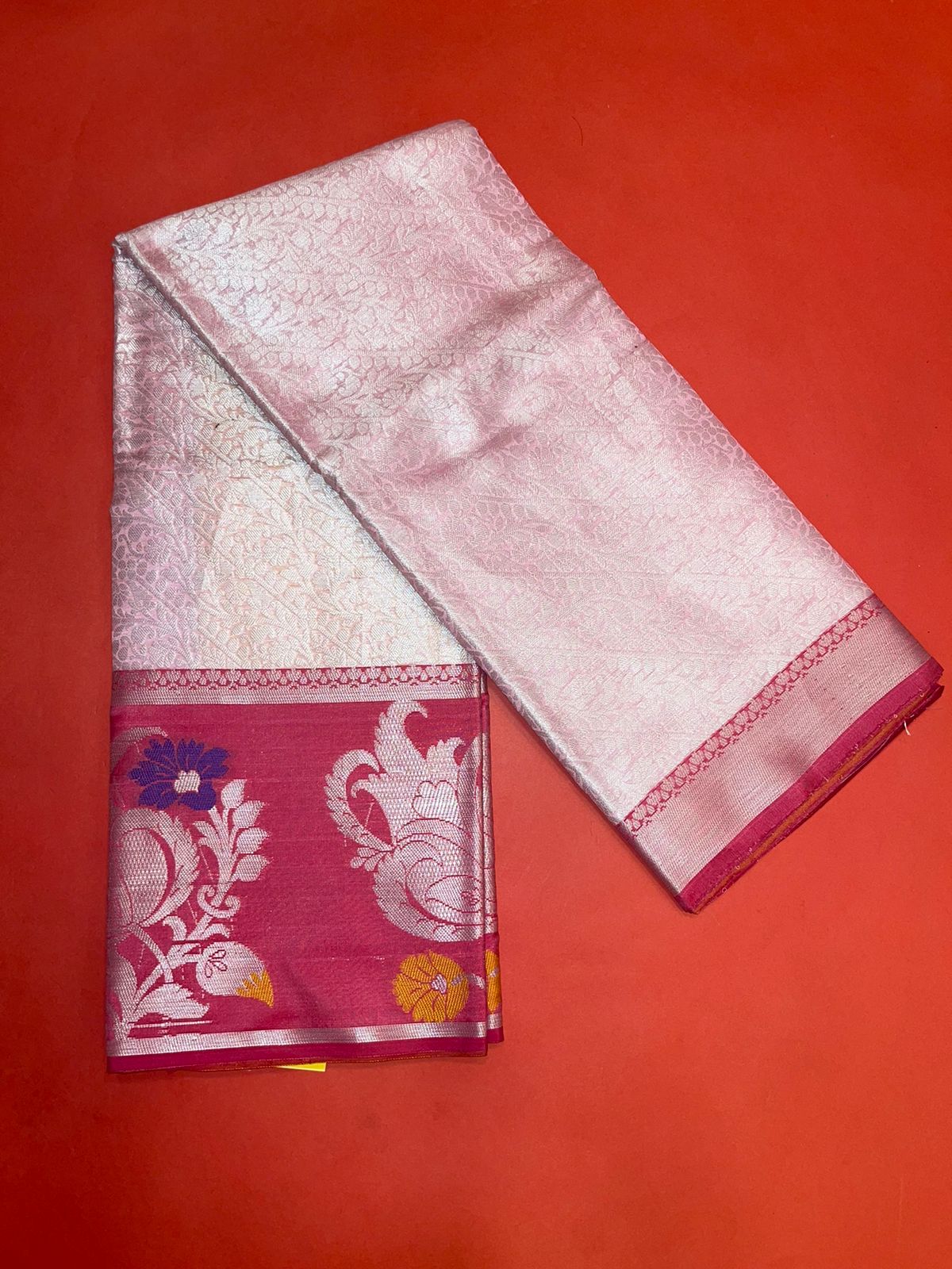 Faishana Presents Pink Silver Zari Kanchi Silk Tanchoi Brocade Contrast Pink Skirt Meena Border Banarasi Saree