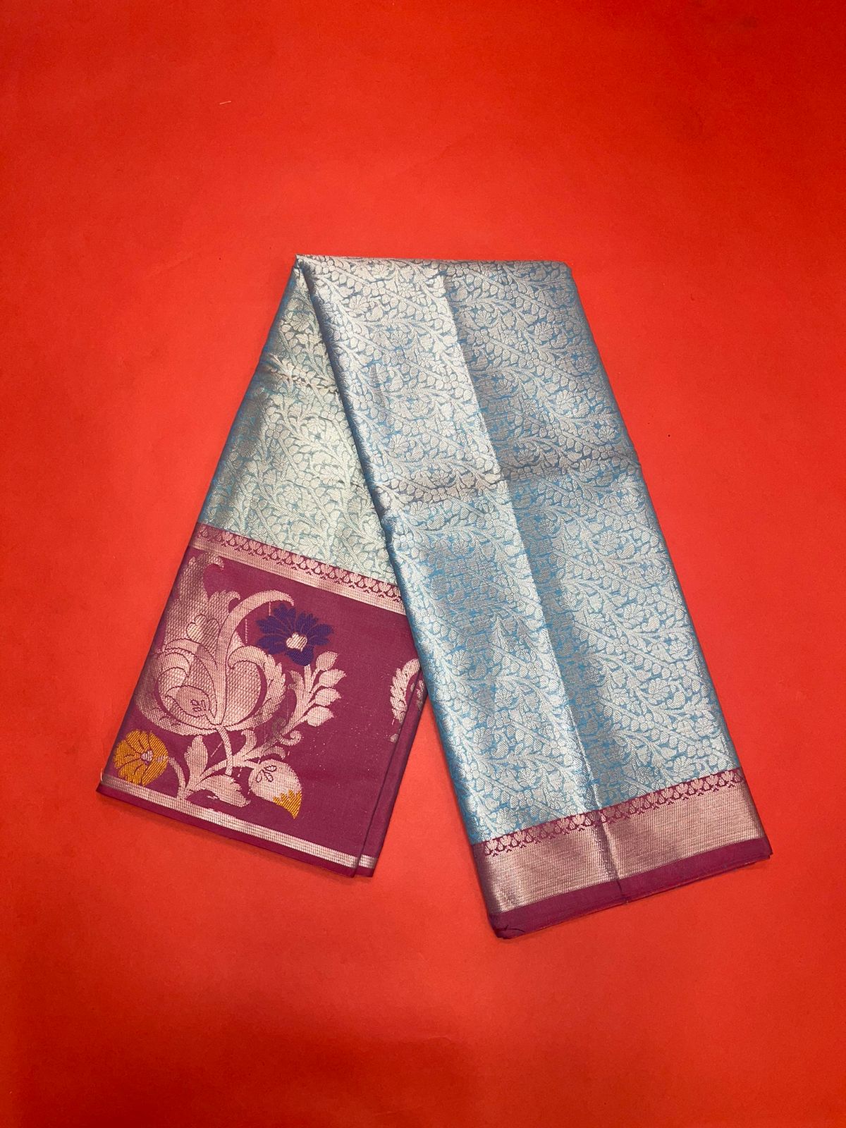 Faishana Presents Blue Silver Zari Kanchi Silk Tanchoi Brocade Contrast Pink Skirt Meena Border Banarasi Saree