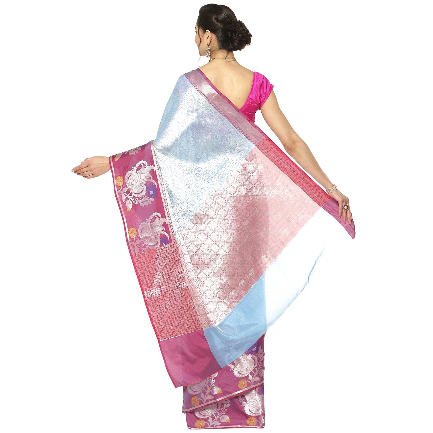 Faishana Presents Blue Silver Zari Kanchi Silk Tanchoi Brocade Contrast Pink Skirt Meena Border Banarasi Saree