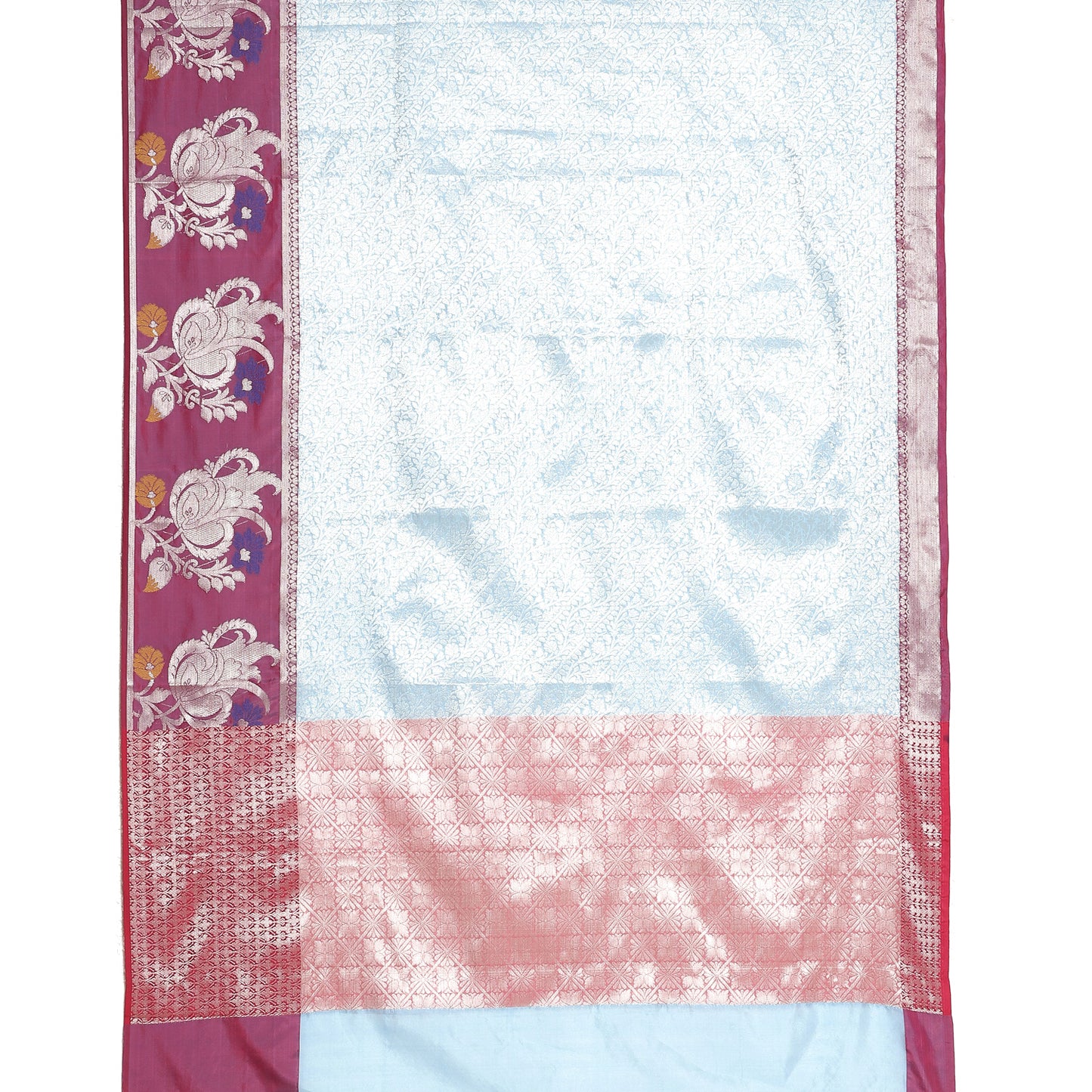 Faishana Presents Blue Silver Zari Kanchi Silk Tanchoi Brocade Contrast Pink Skirt Meena Border Banarasi Saree