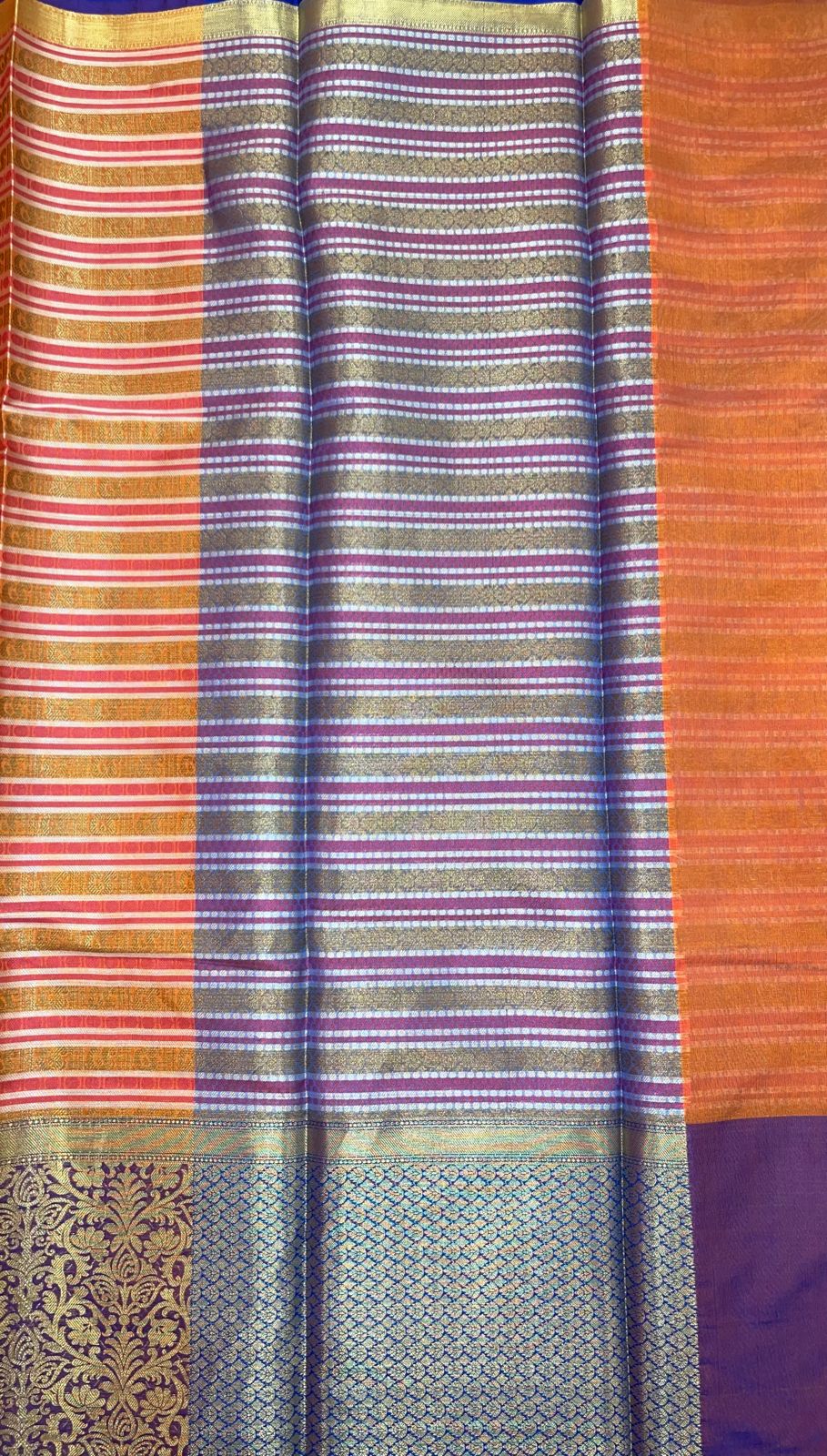 Faishana Presents Light Red Zari Strip Kanchi Silk Tanchoi Brocade Contrast Purple Skirt Border Banarasi Saree