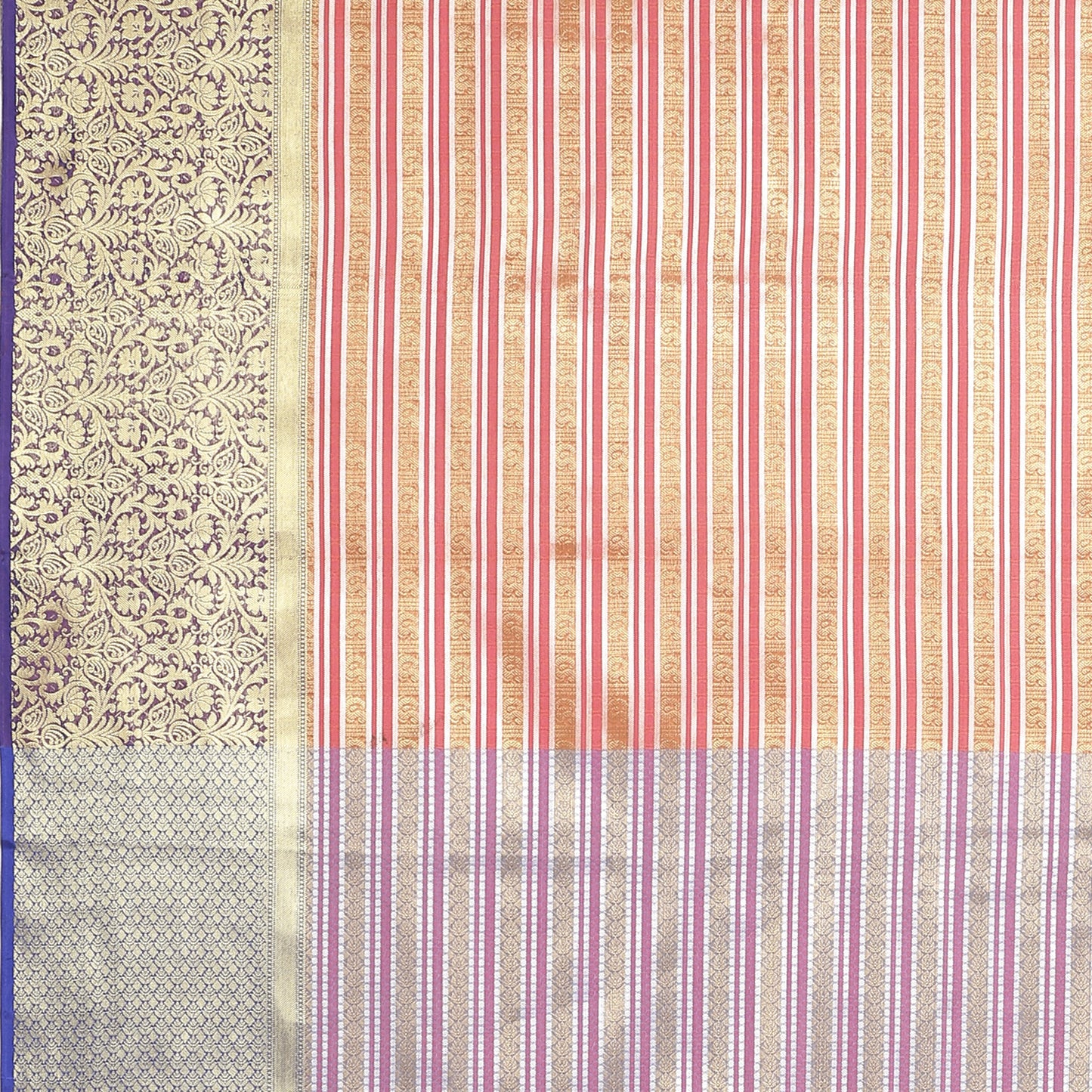 Faishana Presents Light Red Zari Strip Kanchi Silk Tanchoi Brocade Contrast Purple Skirt Border Banarasi Saree